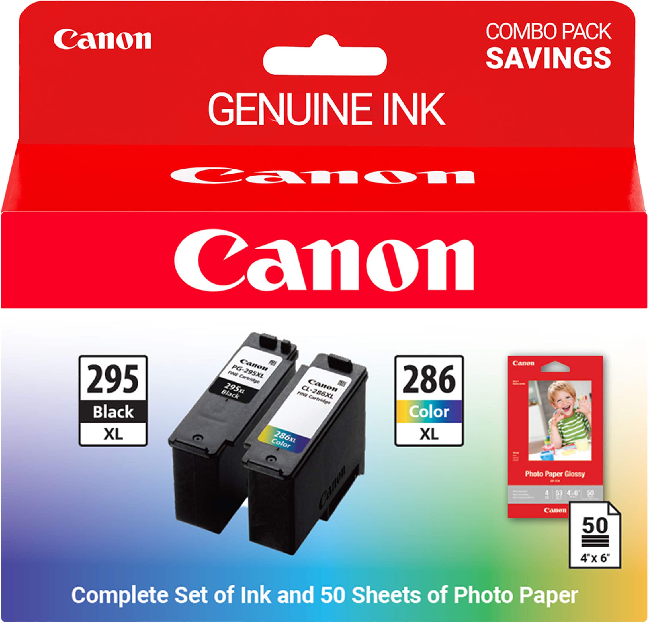 Canon COMBO PACK SAVINGS GENUINE INK
Canon 295 Black XL
Canon PG-295XL
Canon 286 Color XL
Canon 286XL
Canon Photo Paper Glossy 4x6
50 Sheets of Photo Paper