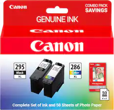 Canon COMBO PACK SAVINGS GENUINE INK
Canon 295 Black XL
Canon PG-295XL
Canon 286 Color XL
Canon 286XL
Canon Photo Paper Glossy 4x6
50 Sheets of Photo Paper