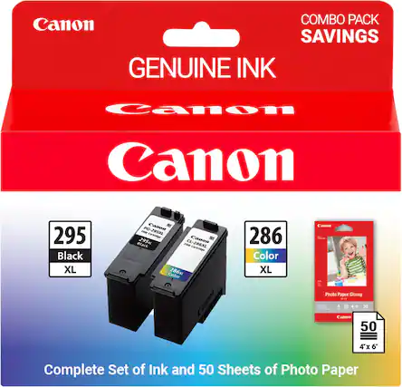 Canon COMBO PACK SAVINGS GENUINE INK
Canon 295 Black XL
Canon PG-295XL
Canon 286 Color XL
Canon 286XL
Canon Photo Paper Glossy 4x6
50 Sheets of Photo Paper