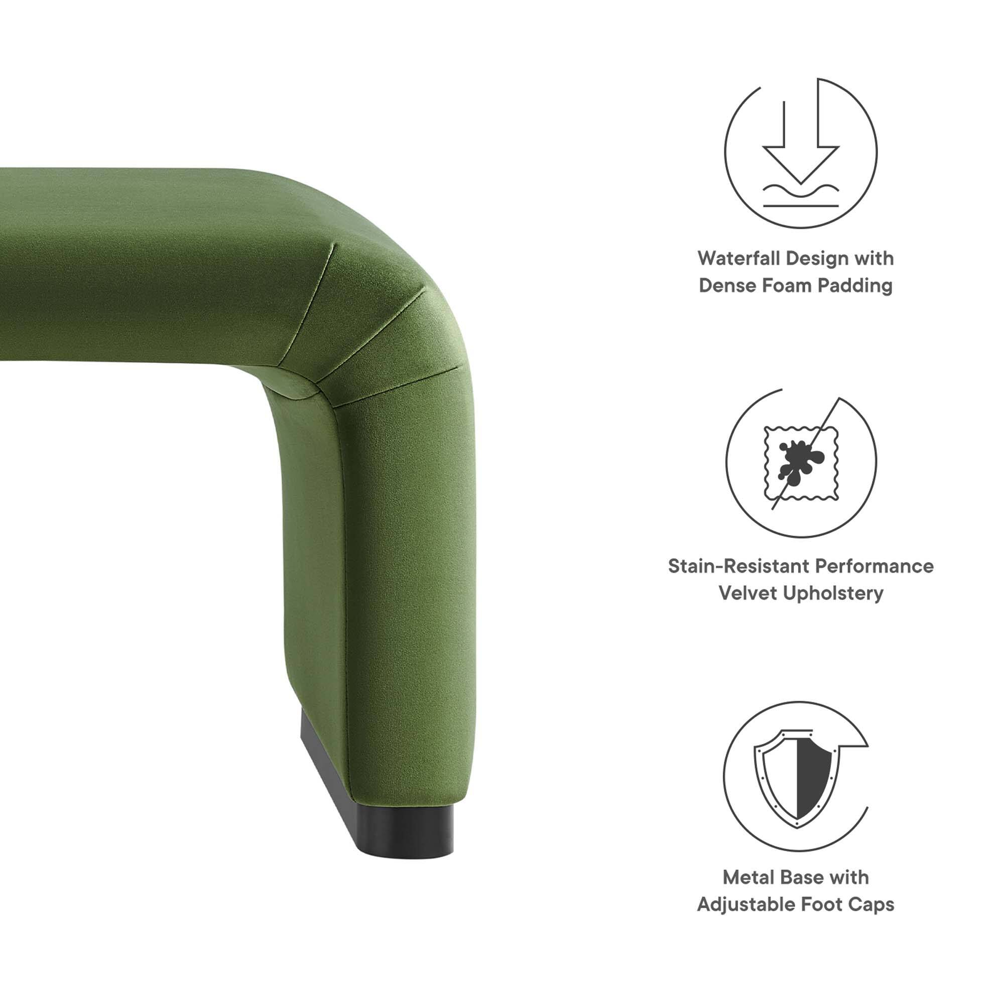 - Waterfall Design with Dense Foam Padding
- Stain-Resistant Performance Velvet Upholstery
- Metal Base with Adjustable Foot Caps