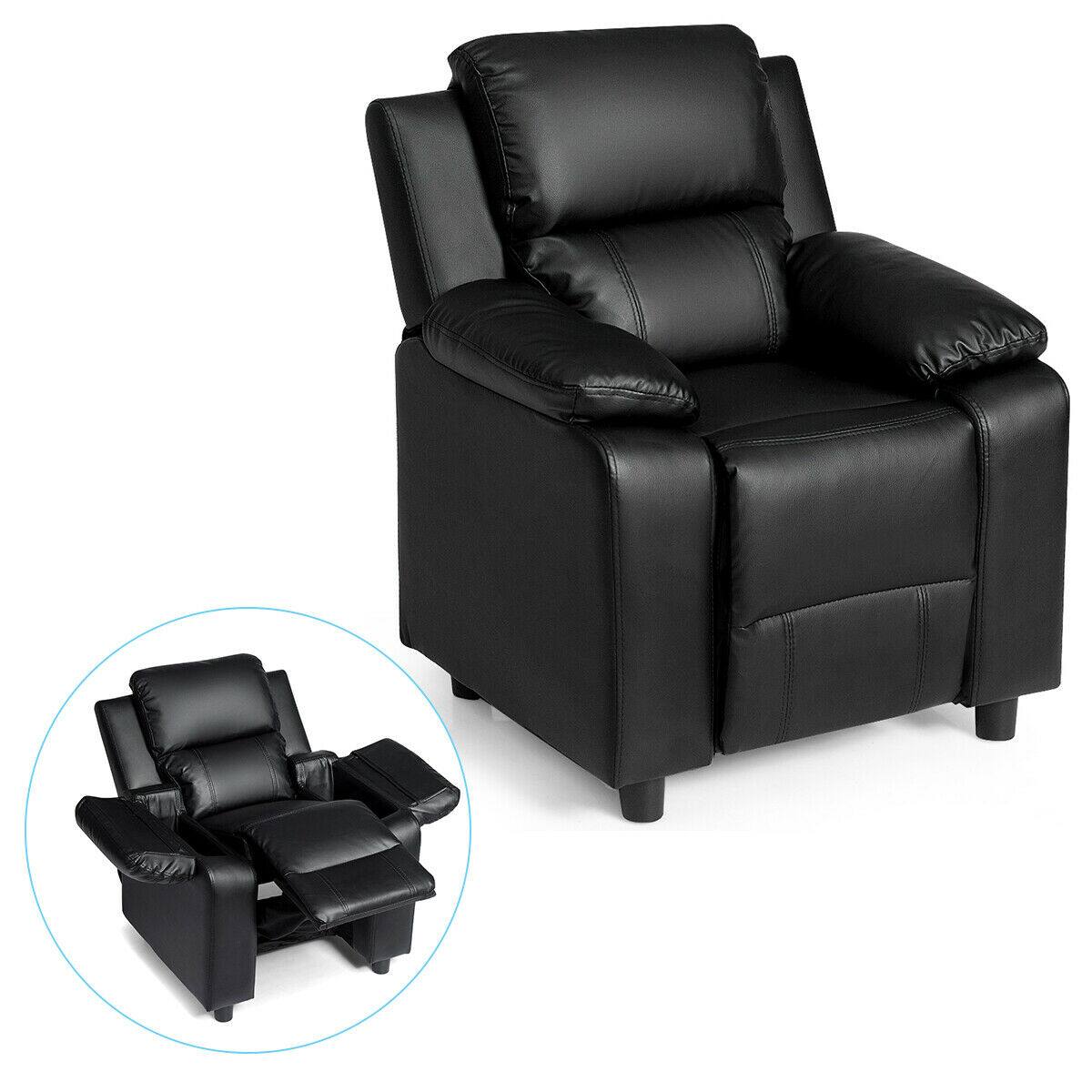Gymax - Deluxe Padded Kids Sofa Armchair Recliner Headrest Children w/ Storage Arm Black - Black
