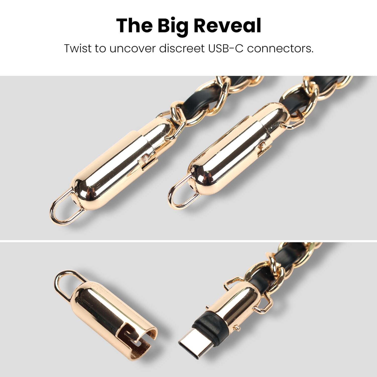 The Big Reveal

Twist to uncover discreet USB-C connectors.