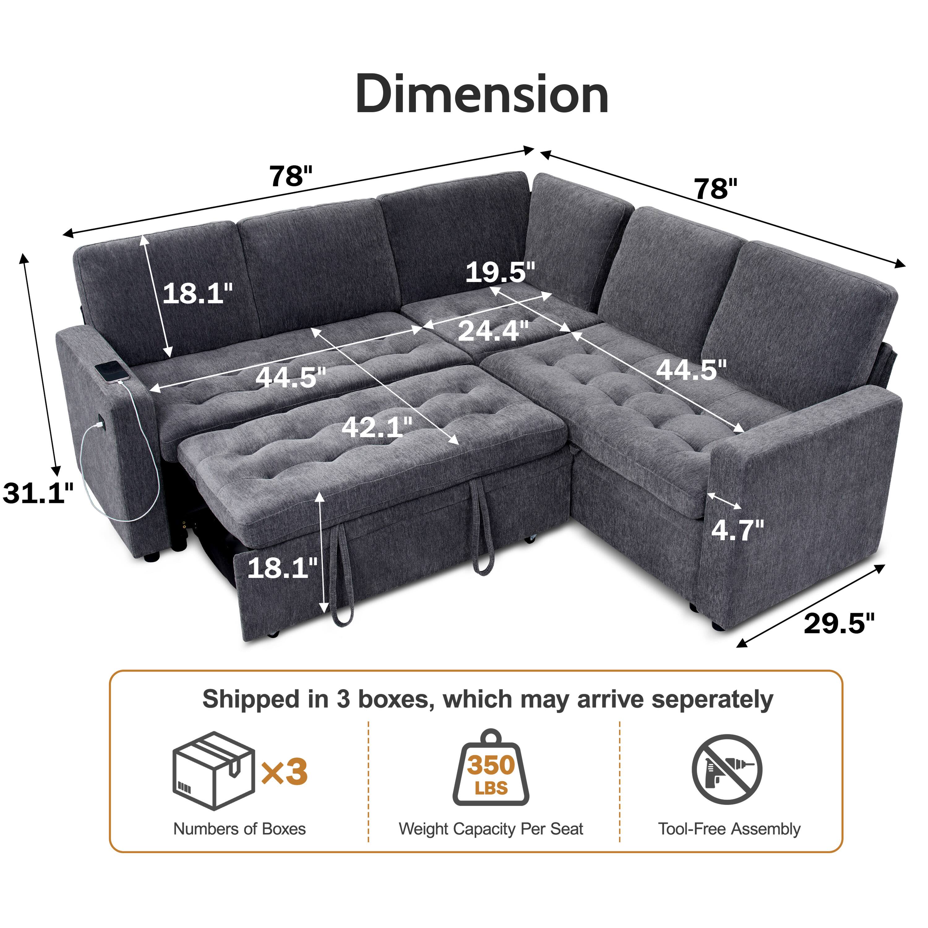 Angle. Dyonery - Dyonery 78-inch 5-seater, modular sofa with pull-out bed, adjustable backrest/storage seat, tool-free assembly - Grey.
