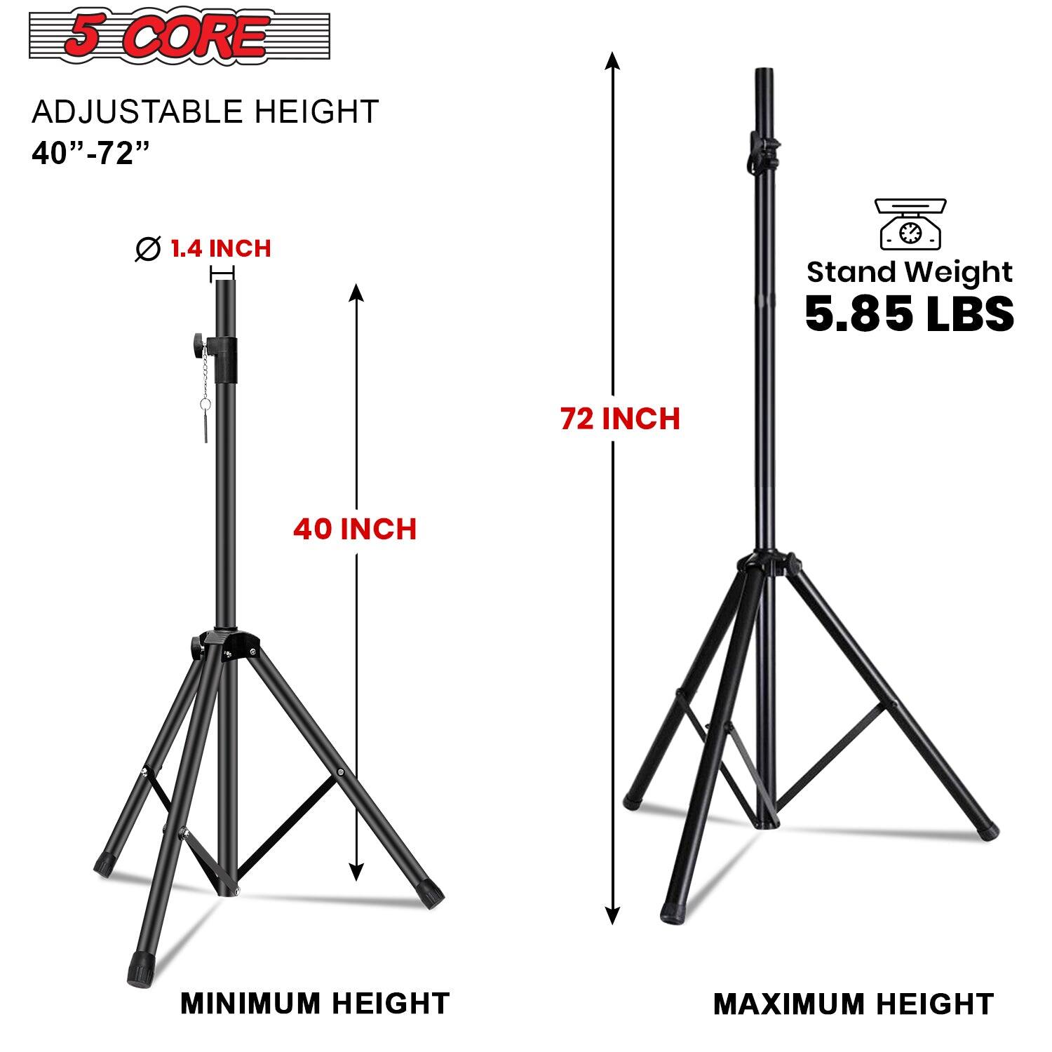 The corrected text is:

- 5 CORE ADJUSTABLE HEIGHT 40"-72"
- 1.4 INCH
- Stand Weight 5.85 LBS
- 72 INCH
- 40 INCH MINIMUM HEIGHT
- MAXIMUM HEIGHT