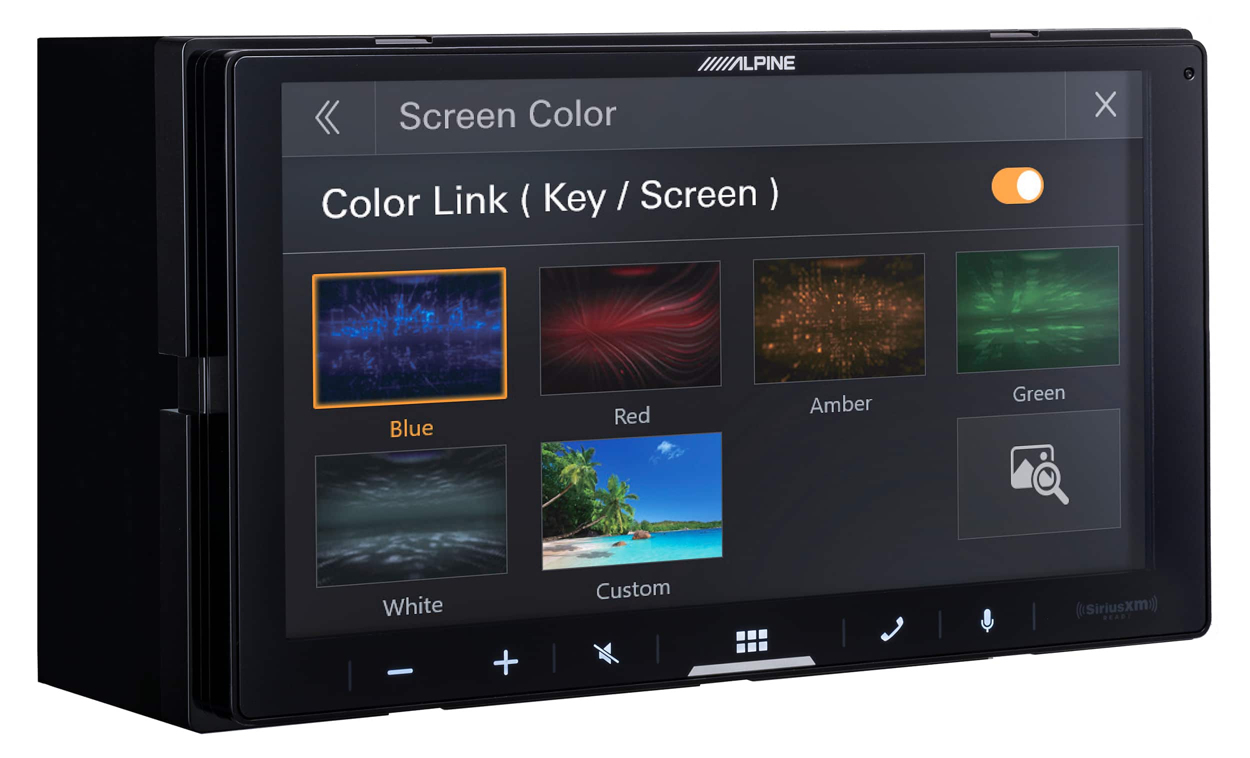 The text on the image is grouped and corrected as follows:
1. Screen Color: Color Link (Key/Screen)
2. Blue: Blue
3. Red: Red
4. Amber: Amber
5. Green: Green
6. White: White
7. Custom (SiriusXM): Custom (SiriusXM)
8. BEAPI: BEAPI