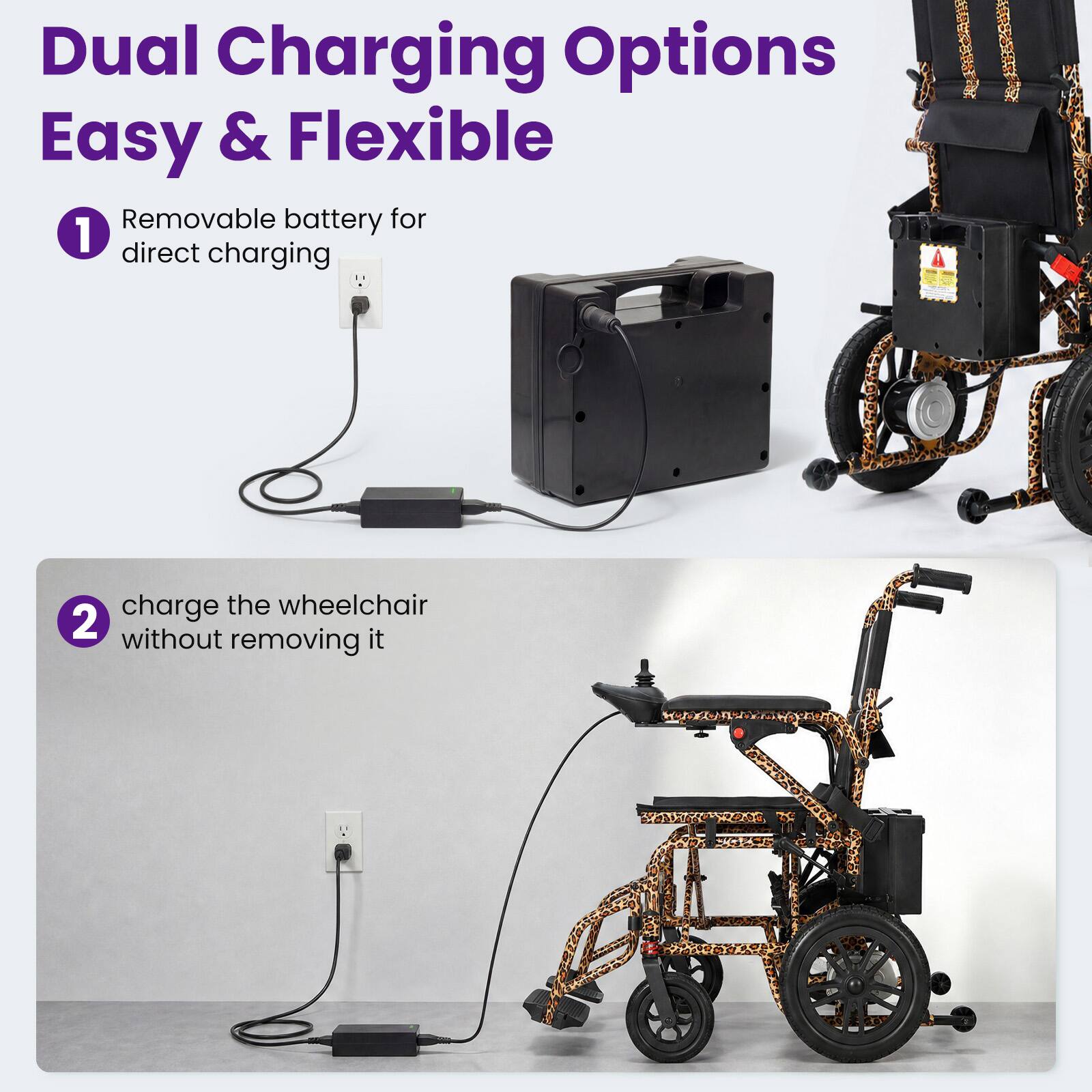 Dual Charging Options Easy & Flexible

1. Removable battery for direct charging
2. Charge the wheelchair without removing it