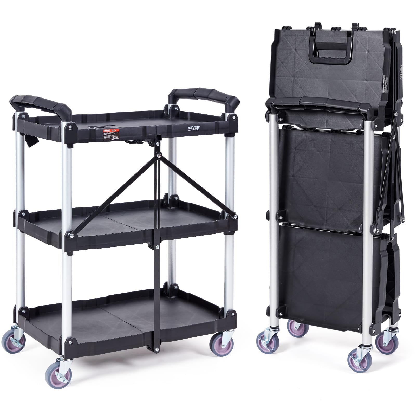 Front. VEVOR - Foldable Utility Service Cart, 3 Shelf 165LBS Heavy Duty Plastic Rolling Cart with Lockable Wheels, Ergonomic Handle - Grey.