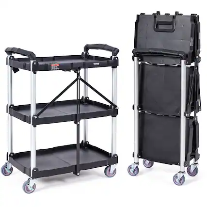 Front. VEVOR - Foldable Utility Service Cart, 3 Shelf 165LBS Heavy Duty Plastic Rolling Cart with Lockable Wheels, Ergonomic Handle - Grey.