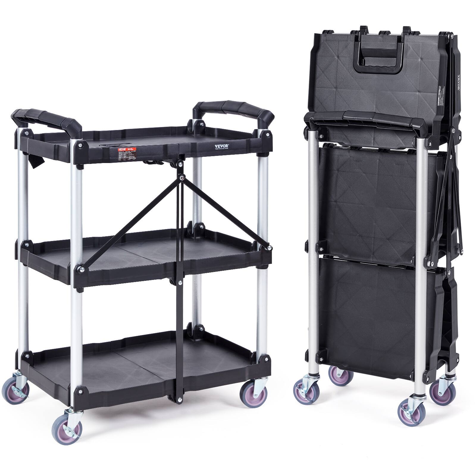 VEVOR - Foldable Utility Service Cart, 3 Shelf 165LBS Heavy Duty Plastic Rolling Cart with Lockable Wheels, Ergonomic Handle - Gray