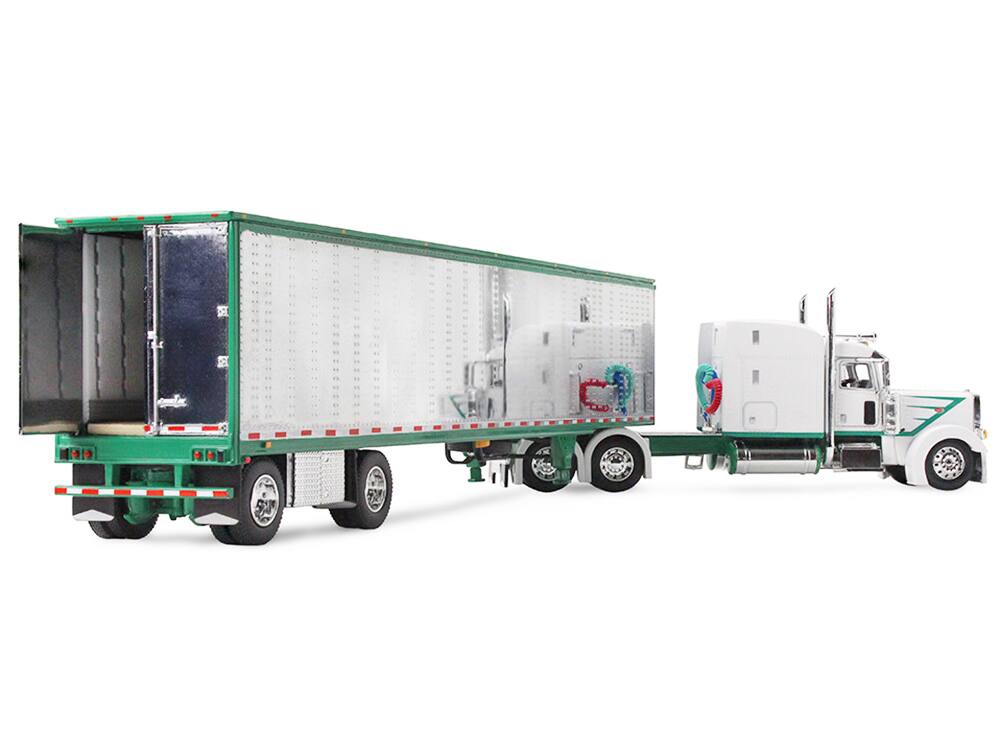 Alt View 3. First Gear - Peterbilt 389 with 63" Mid-Roof Sleeper and 53' Utility Trailer White with Green Stripes 1/64 Model by DCP/First Gear.