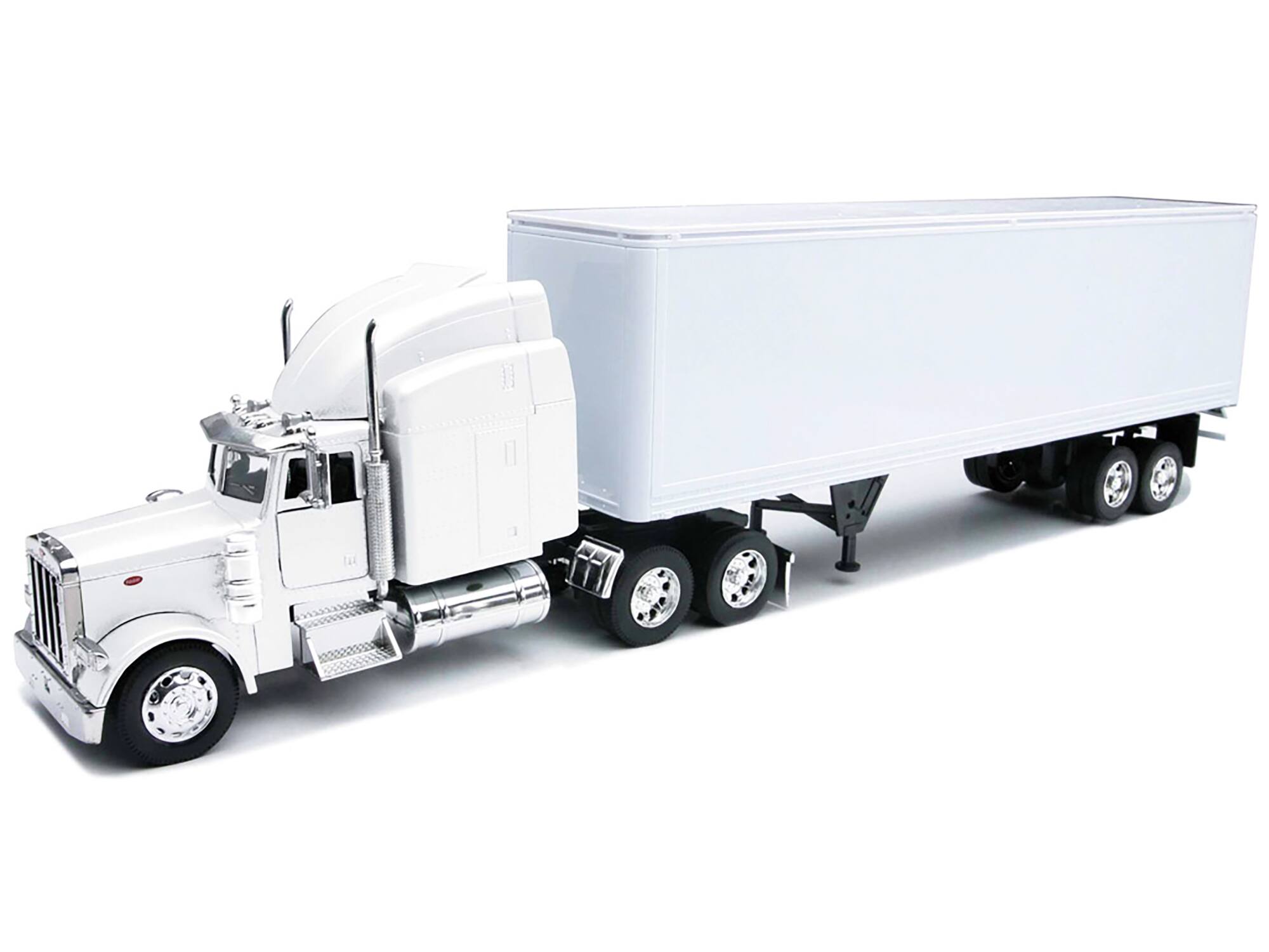 Angle. New Ray - Peterbilt 379 Truck with Dry Goods Trailer White "Long Haul Trucker" Series 1/32 Diecast Model by New Ray - White.