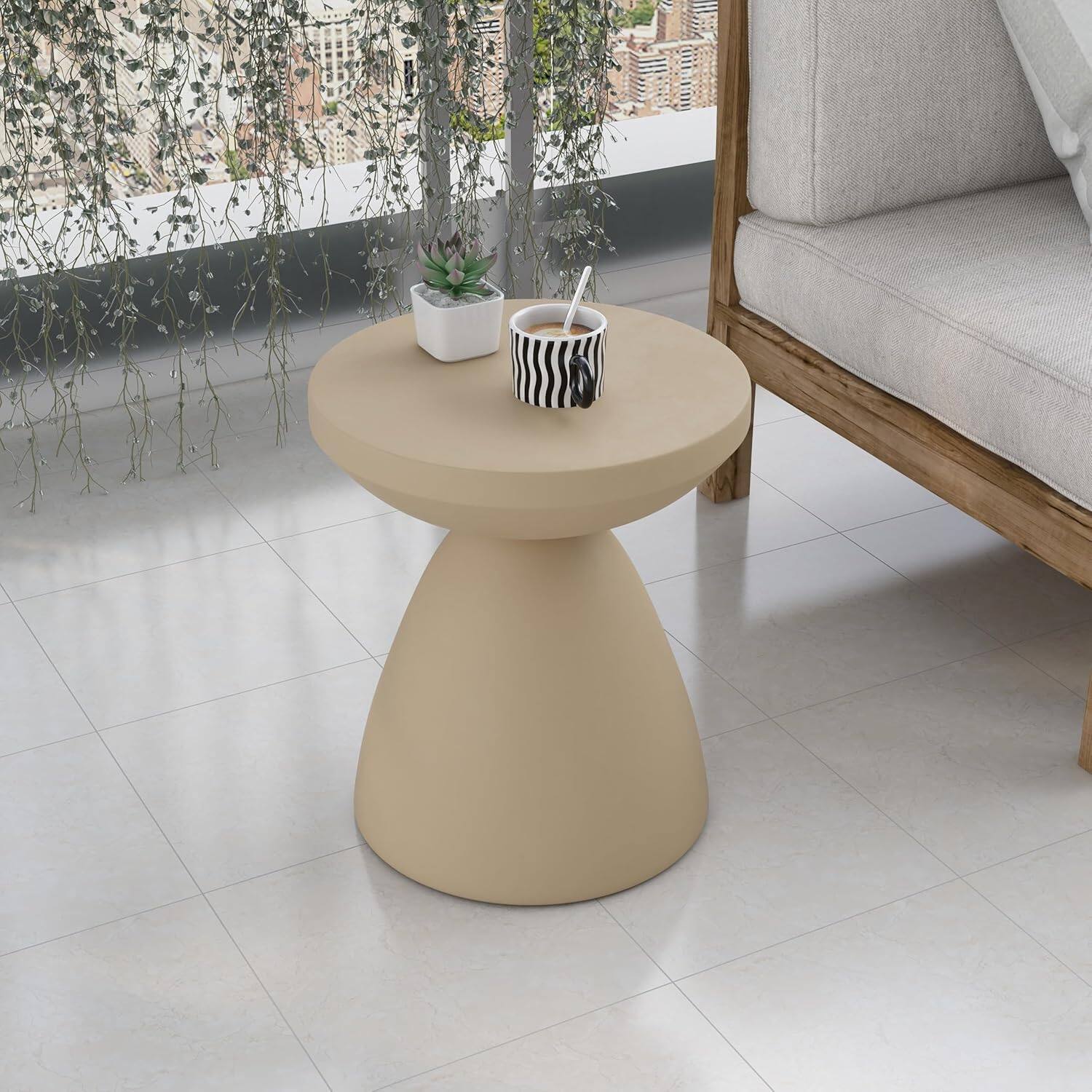 Alt View 1. LeisureMod - Dune 17" Round Fiberstone Side Table - Modern Indoor/Outdoor Weather Resistant Accent Table, No Assembly - Beige.