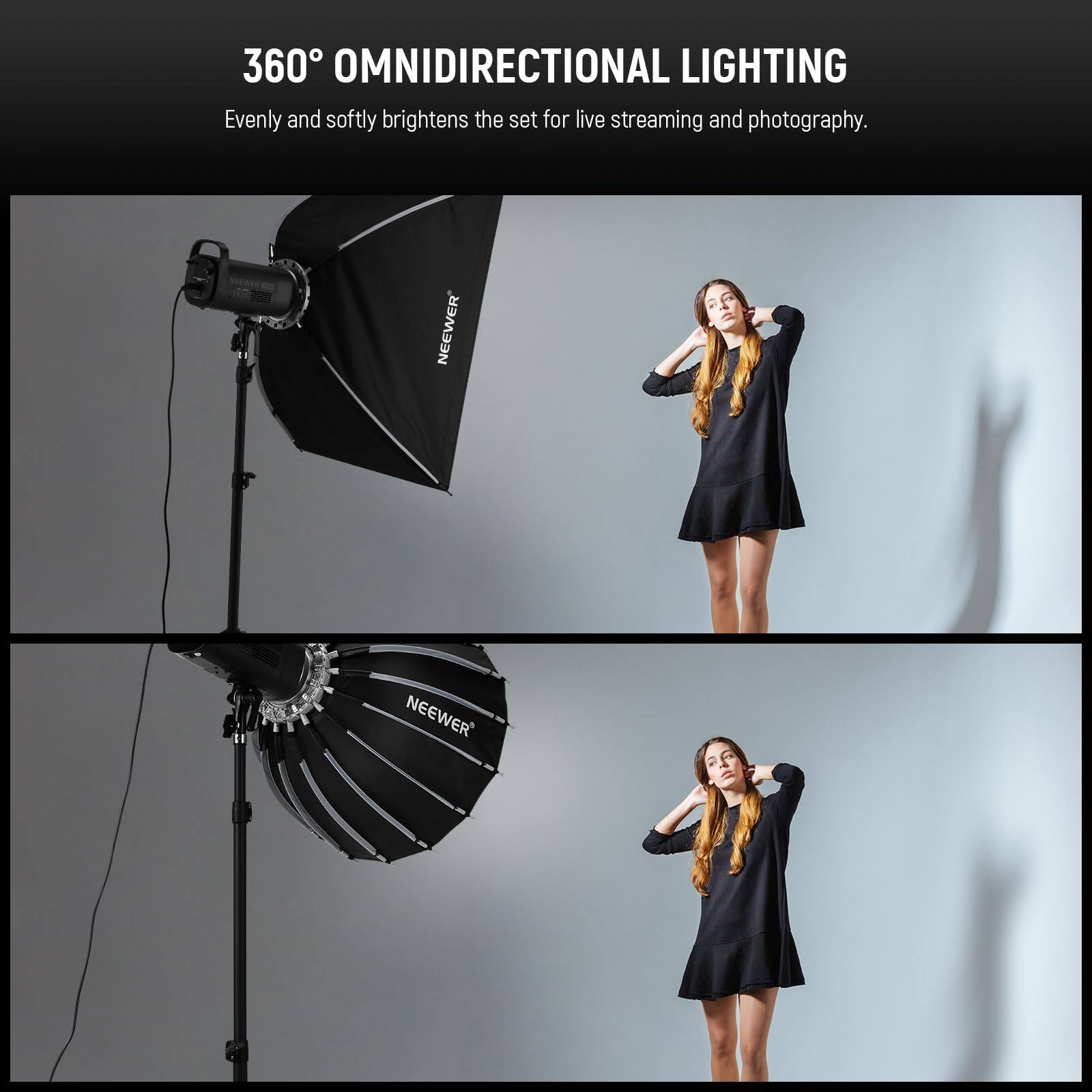 360° OMNIDIRECTIONAL LIGHTING  
Evenly and softly brightens the set for live streaming and photography.