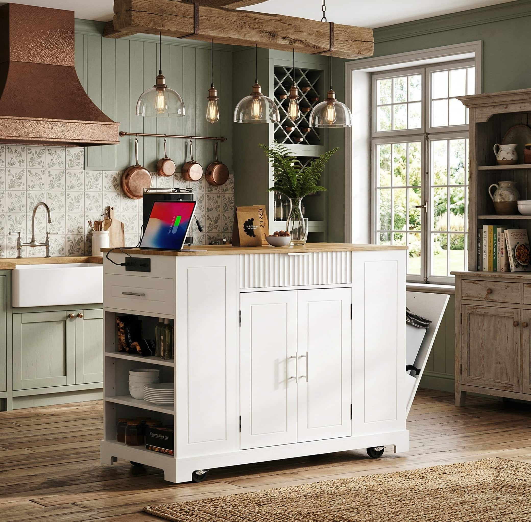 Forest'nSky - Fluted Rolling Kitchen Island with Trash Can Cabinet, Power Outlet, 3 Drawers & Open Side Racks for 10-Gallon Bin - White