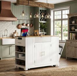 Forest'nSky - Fluted Rolling Kitchen Island with Trash Can Cabinet, Power Outlet, 3 Drawers & Open Side Racks for 10-Gallon Bin - White