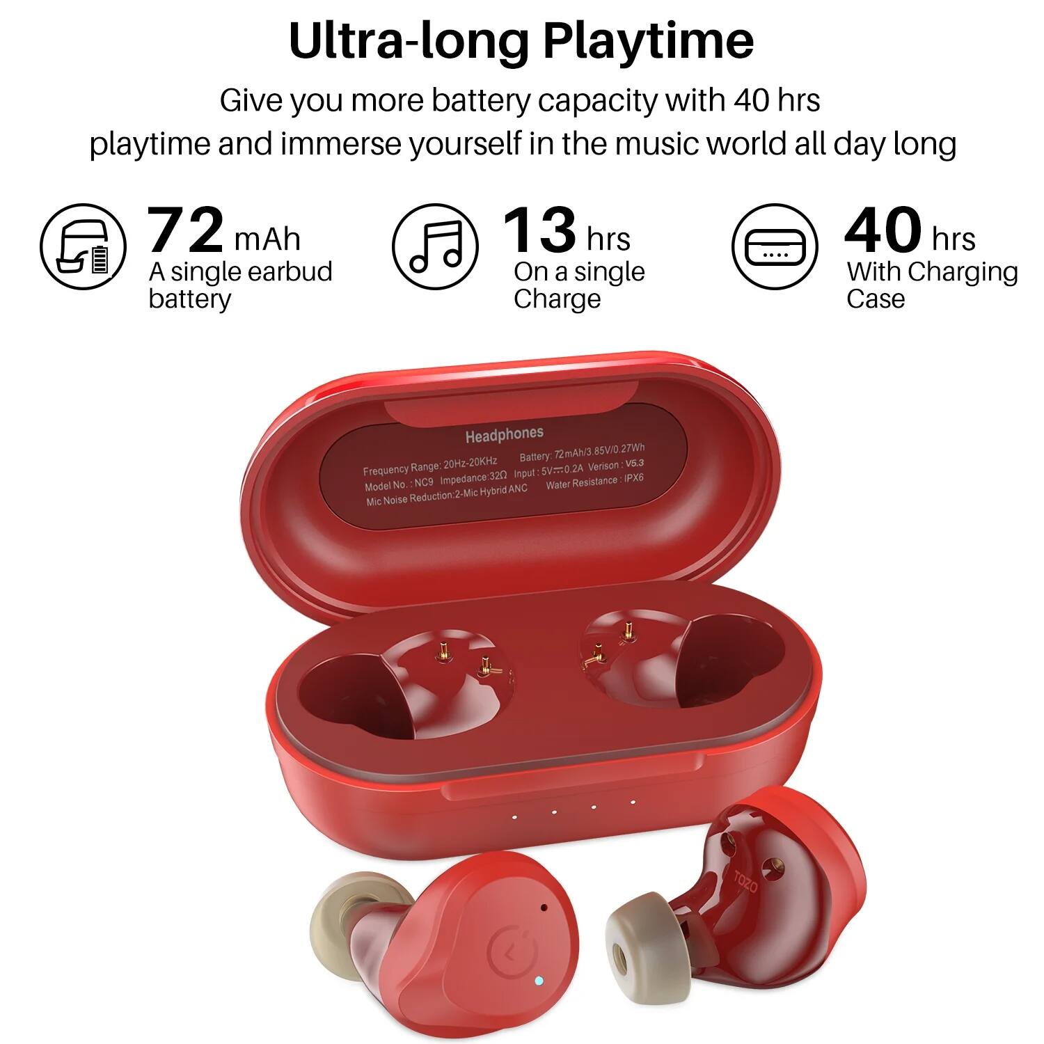 Ultra-long Playtime  
Give you more battery capacity with 40 hrs playtime and immerse yourself in the music world all day long  

72 mAh  
A single earbud battery  

13 hrs  
On a single Charge  

40 hrs  
With Charging Case  

Headphones  
Frequency Range: 20Hz-20kHz  
Battery: 72mAh/3.85V/0.27Wh  
Model No: NC9  
Impedance: 32Ω  
Mic Noise Reduction: 2-Mic Hybrid ANC  
Water Resistance: IPX6  

Input: 5V=2.0A  
Version: V8.3