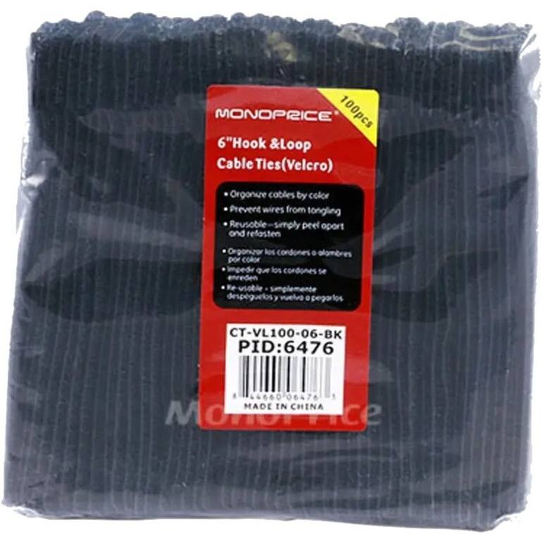 MONOPRICE 100pcs 6" Hook & Loop Cable Ties (Velcro)  
Organize cables by color  
Prevent wires from tangling  
Reusable - simply peel apart and refasten  

Organizar cables o alambres por color  
Impedir que los cables se enreden  
Reutilizable - simplemente despegar y pegarlos  

CT-VL100-06-BK  
PID: 6476  

MADE IN CHINA