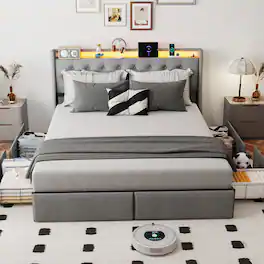 Anysun - King Size Upholstered Bed Frame with RGB LED Lights & Charging Station, Storage Headboard and Underbed Drawers - Gray