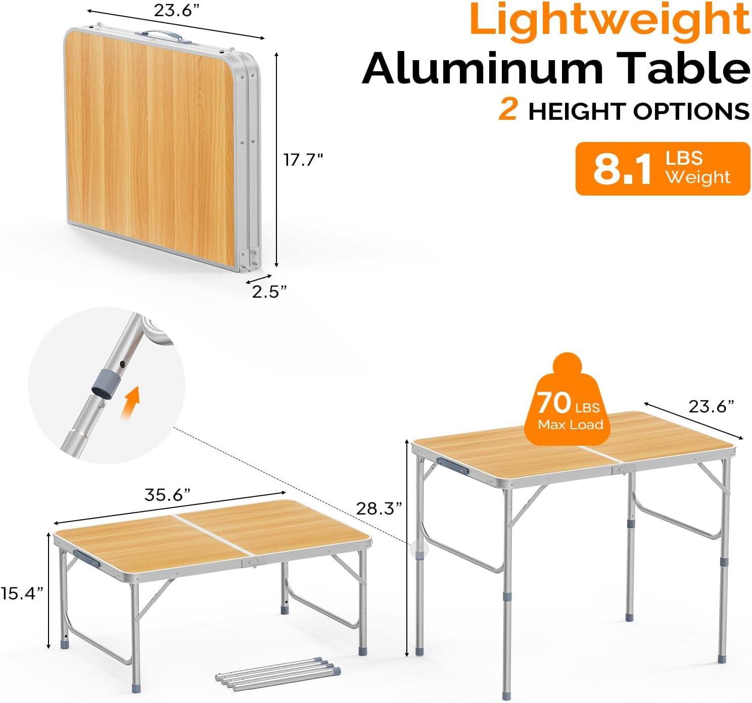 23.6" Lightweight Aluminum Table  
2 HEIGHT OPTIONS  
8.1 LBS Weight  
70 LBS Max Load  

Dimensions:  
- Height: 17.7"  
- Width: 23.6"  
- Depth: 28.3"  
- Height (folded): 2.5"  
- Height (unfolded): 35.6"  
- Leg Width: 15.4"