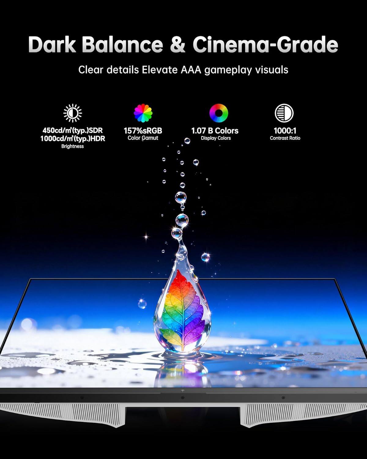 Dark Balance & Cinema-Grade  
Clear details Elevate AAA gameplay visuals  

450cd/m²(typ.) SDR  
1000cd/m²(typ.) HDR  
Brightness  

157% sRGB  
Color Gamut  

1.07 B Colors  
Display Colors  

1000:1  
Contrast Ratio