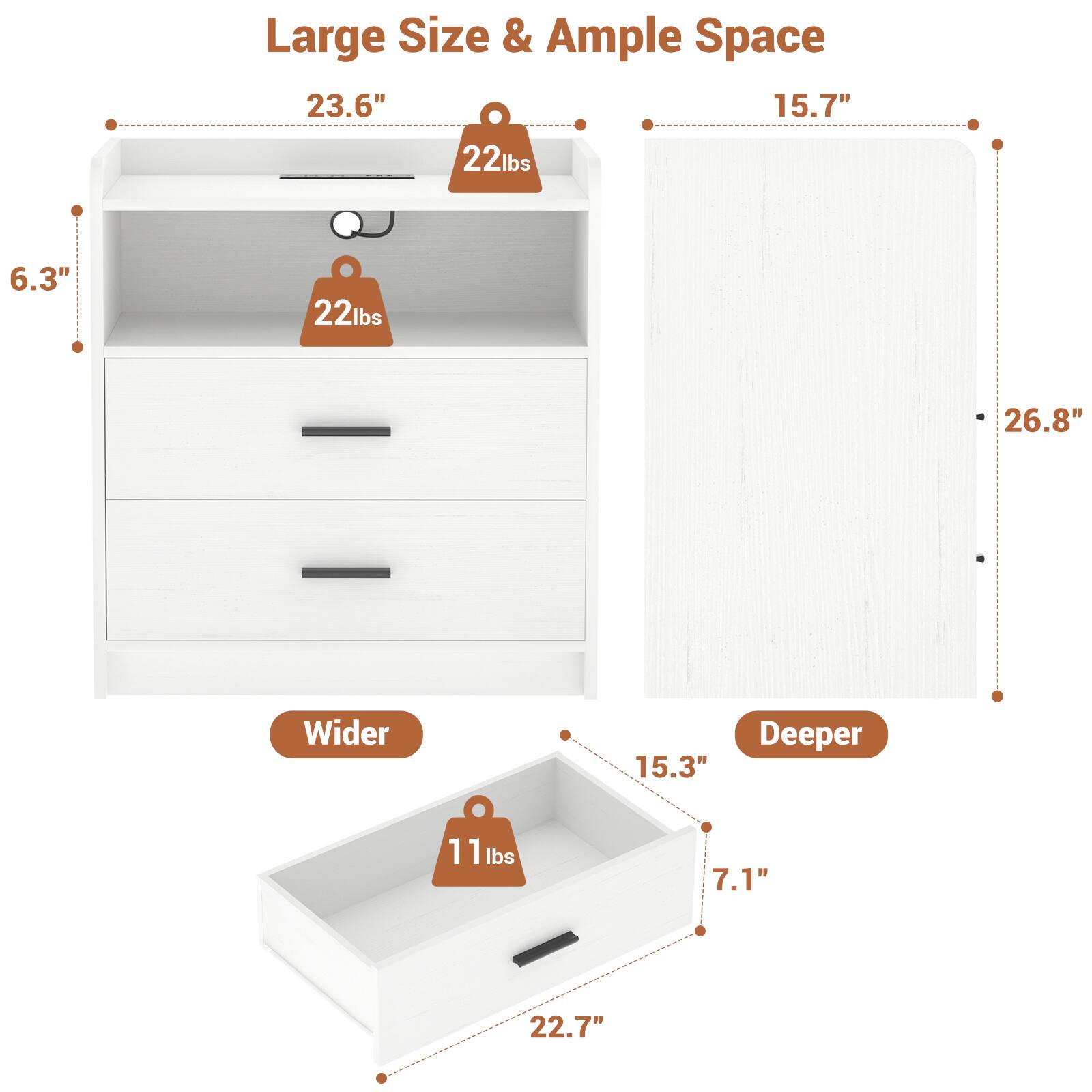 Large Size & Ample Space

- 23.6" 
- 15.7" 
- 22 lbs 
- 6.3" 
- 22 lbs 
- 26.8" 
- Wider 
- 15.3" 
- Deeper 
- 11 lbs 
- 7.1" 
- 22.7"