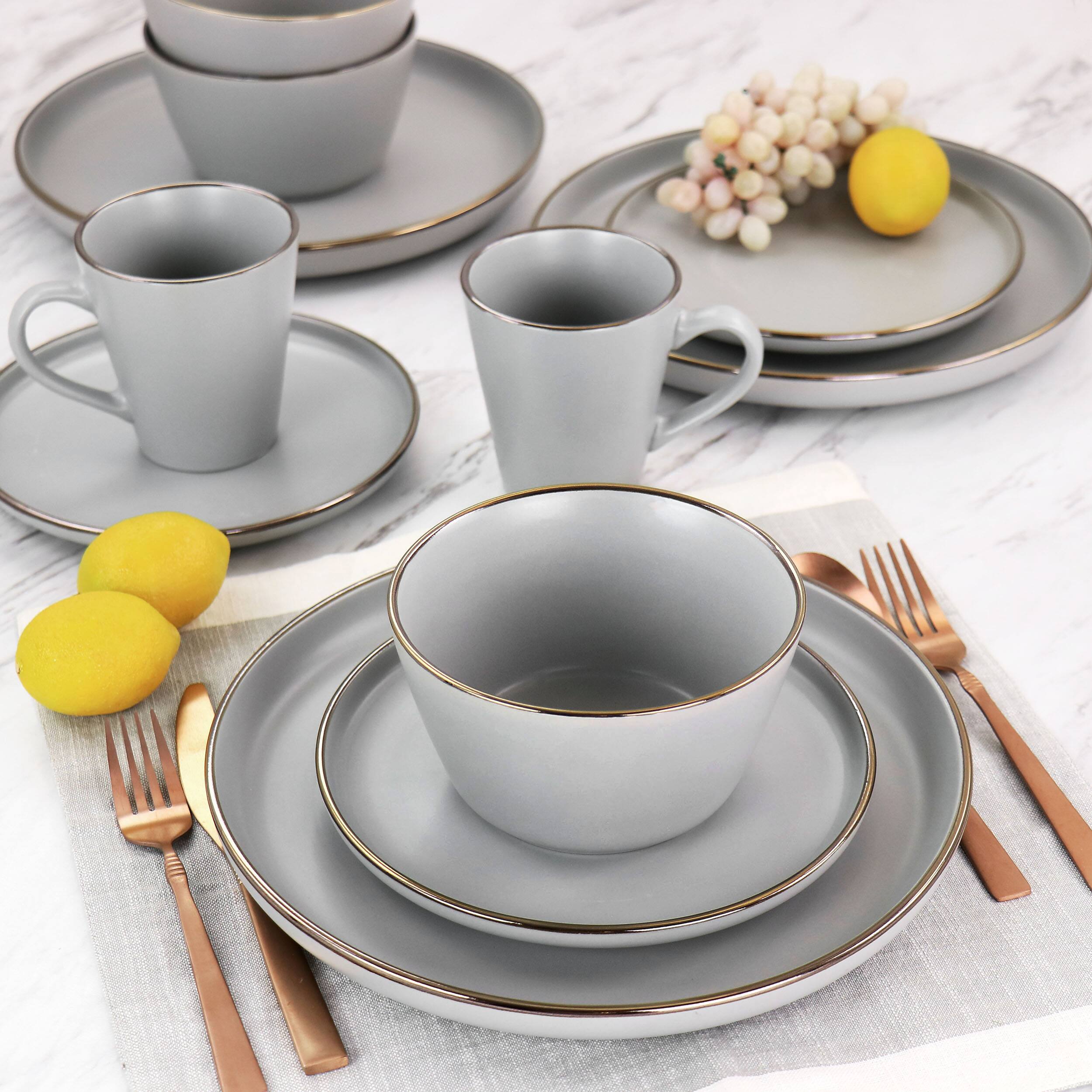 Alt View 8. Elama - Elama Louis 16 Piece Stoneware Dinnerware Set in Matte Slate with Gold Rim - Slate and Gold.