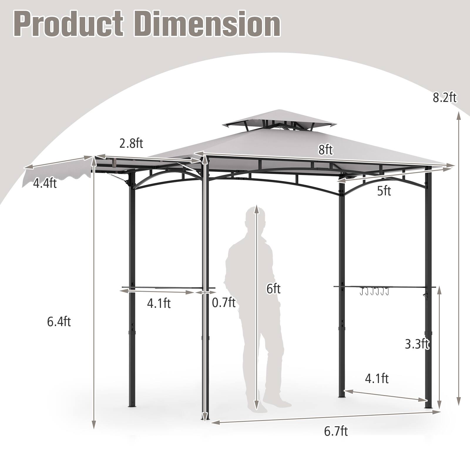Product Dimension: 8.2ft, 8ft, 5ft, 6ft, 6.4ft, 4.1ft, 3.3ft, 4.1ft, 6.7ft, 2.8ft, 4.4ft, 0.7ft