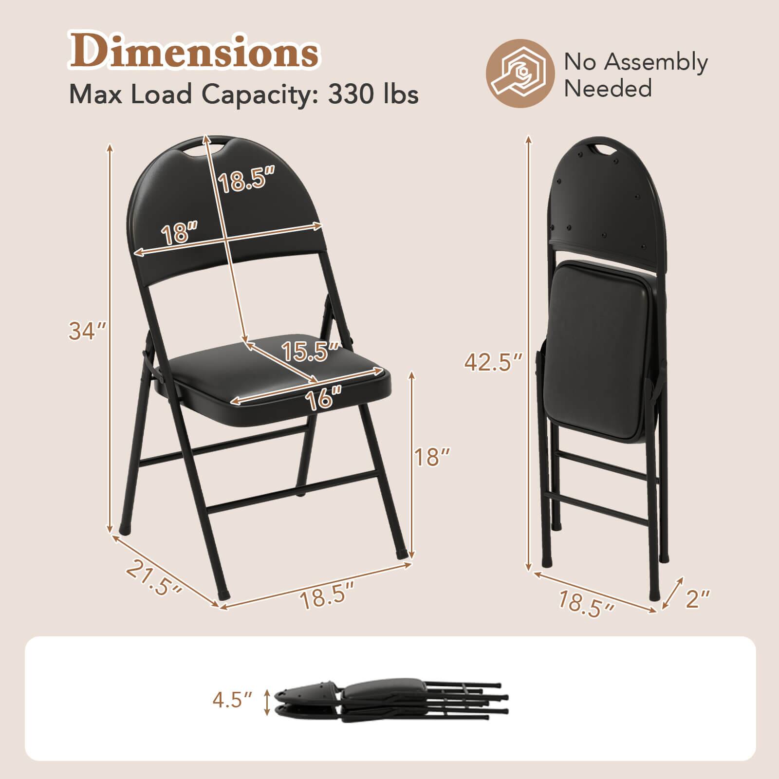 Dimensions  
Max Load Capacity: 330 lbs  
No Assembly Needed  

- Seat Height: 18"  
- Seat Width: 18.5"  
- Seat Depth: 16"  
- Overall Height: 34"  
- Overall Width: 21.5"  
- Overall Depth: 18.5"  
- Back Height: 42.5"  
- Back Width: 18"  
- Armrest Height: 18.5"  
- Armrest Width: 2"  
- Footrest Height: 4.5"