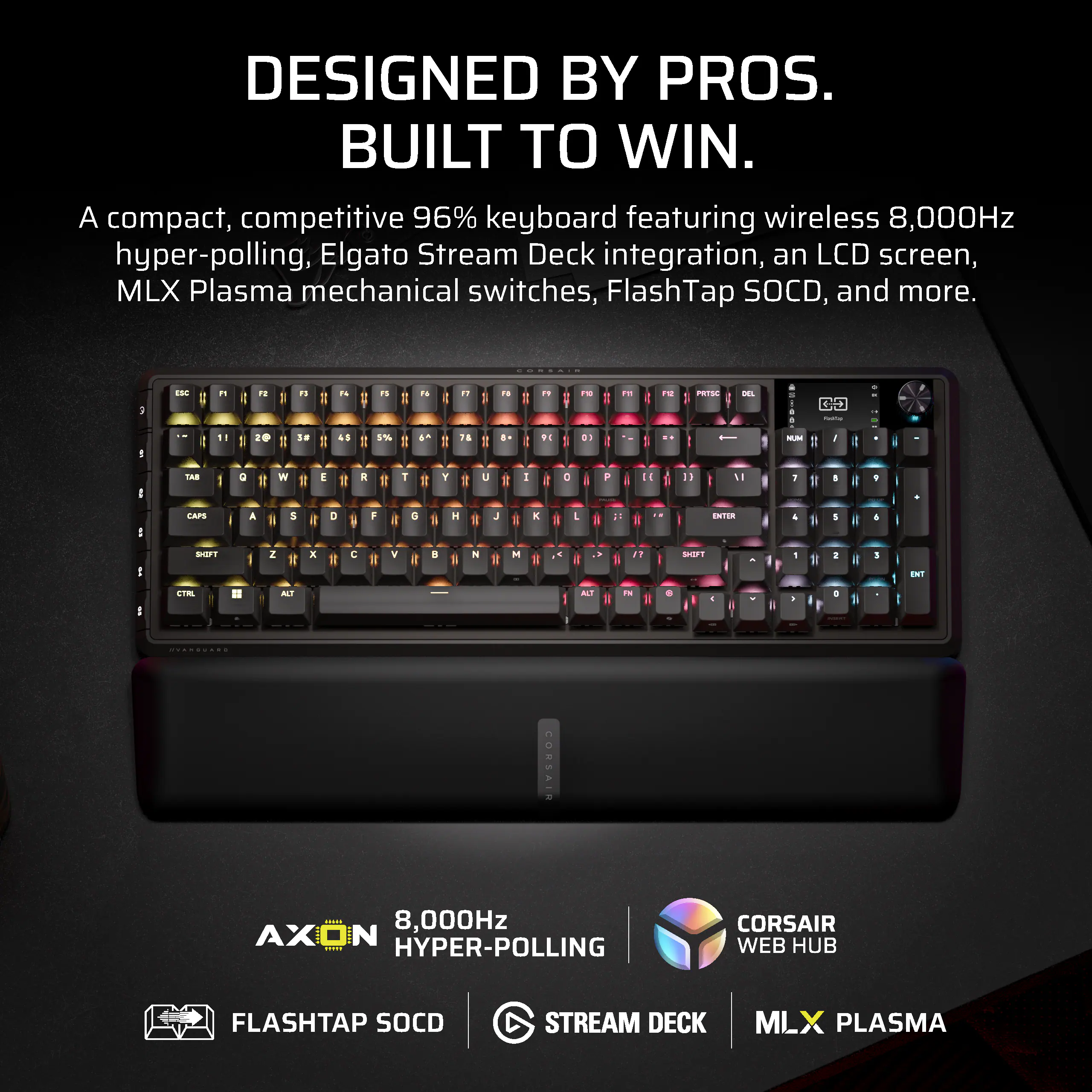 DESIGNED BY PROS.  
BUILT TO WIN.  

A compact, competitive 96% keyboard featuring wireless 8,000Hz hyper-polling, Elgato Stream Deck integration, an LCD screen, MLX Plasma mechanical switches, FlashTap SOCD, and more.  

AXON 8,000Hz HYPER-POLLING  
FLASHTAP SOCD  
CORSAIR WEB HUB  
STREAM DECK  
MLX PLASMA