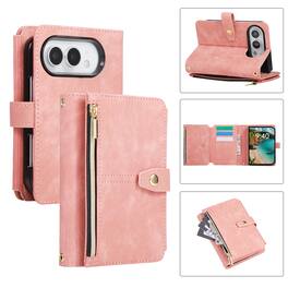 Dteck - Flip Wallet Case for Apple iPhone Duo PU Leather Protective Cover with Zipper Pocket Wrist Strap Kickstand - Pink