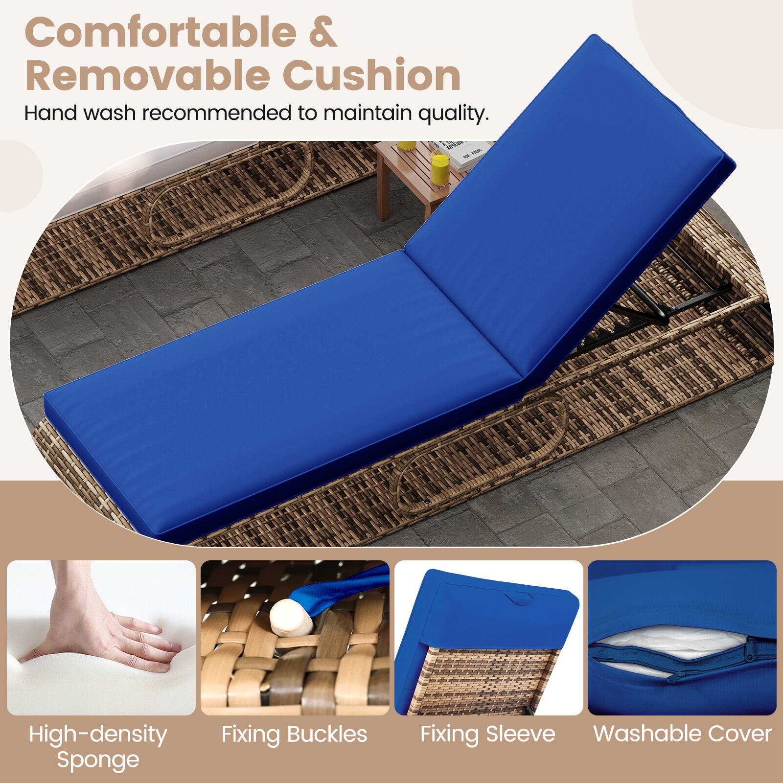 Comfortable & Removable Cushion  
Hand wash recommended to maintain quality.  

- High-density Sponge  
- Fixing Buckles  
- Fixing Sleeve  
- Washable Cover