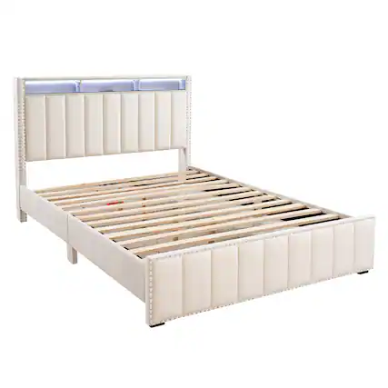 Front. Vaczon - Full Size Contemporary Solid Wood Platform Bed with Upholstered Foam Headboard – Sturdy, Easy Assembly - Beige.