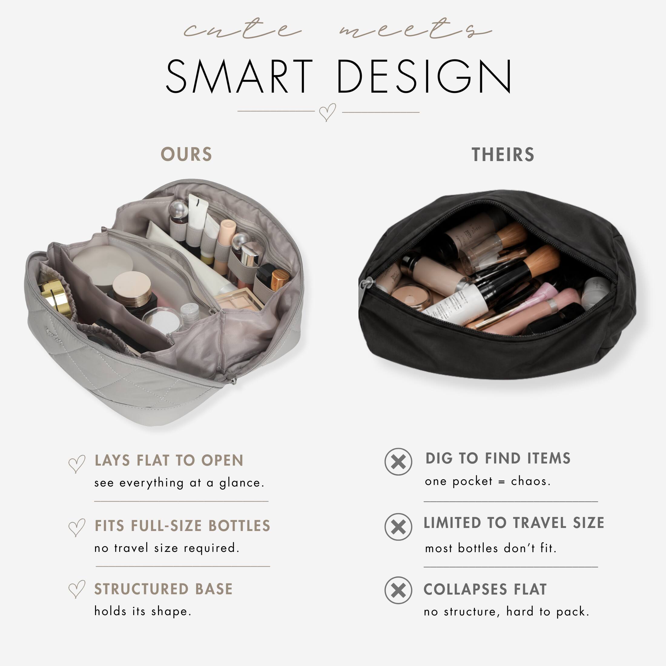 cute meets SMART DESIGN

OURS
- LAYS FLAT TO OPEN
  see everything at a glance.
- FITS FULL-SIZE BOTTLES
  no travel size required.
- STRUCTURED BASE
  holds its shape.

THEIRS
- DIG TO FIND ITEMS
  one pocket = chaos.
- LIMITED TO TRAVEL SIZE
  most bottles don't fit.
- COLLAPSES FLAT
  no structure, hard to pack.