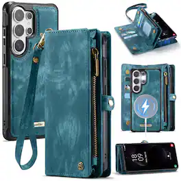 Dteck - Multi-Functional Wallet Case for Samsung Galaxy S26 Ultra,Large Card Slots Zipper Magnetic Detachable Cover With Strap - Green