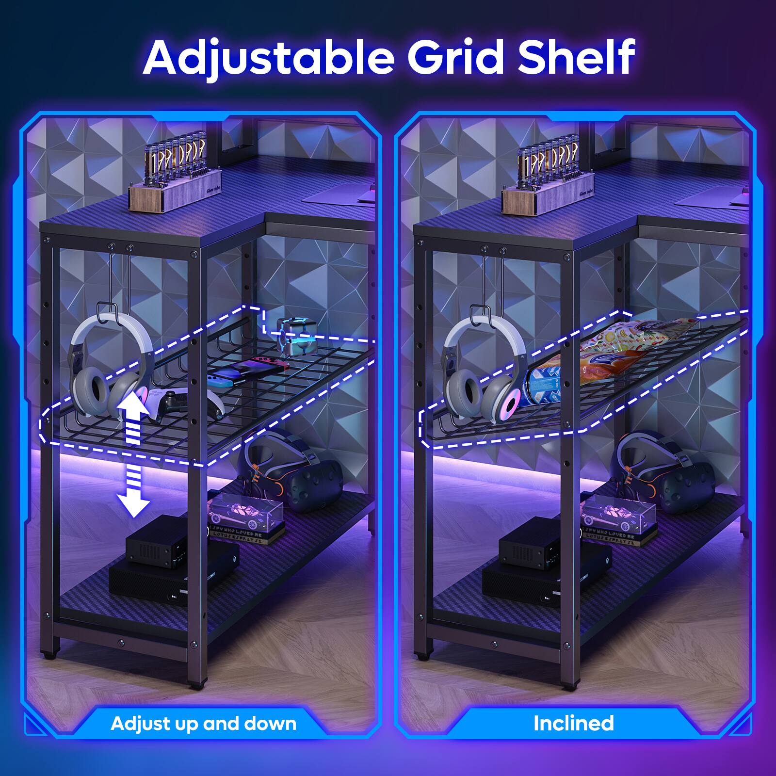 Adjustable Grid Shelf: Tip: Adjust up and down. Inclined.