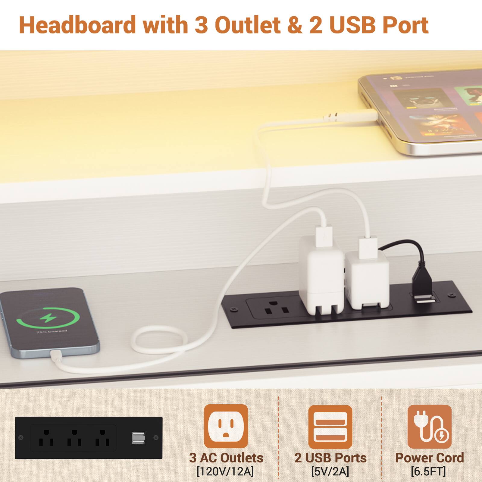 Headboard with 3 Outlet & 2 USB Port

- 3 AC Outlets [120V/12A]
- 2 USB Ports [5V/2A]
- Power Cord [6.5FT]
