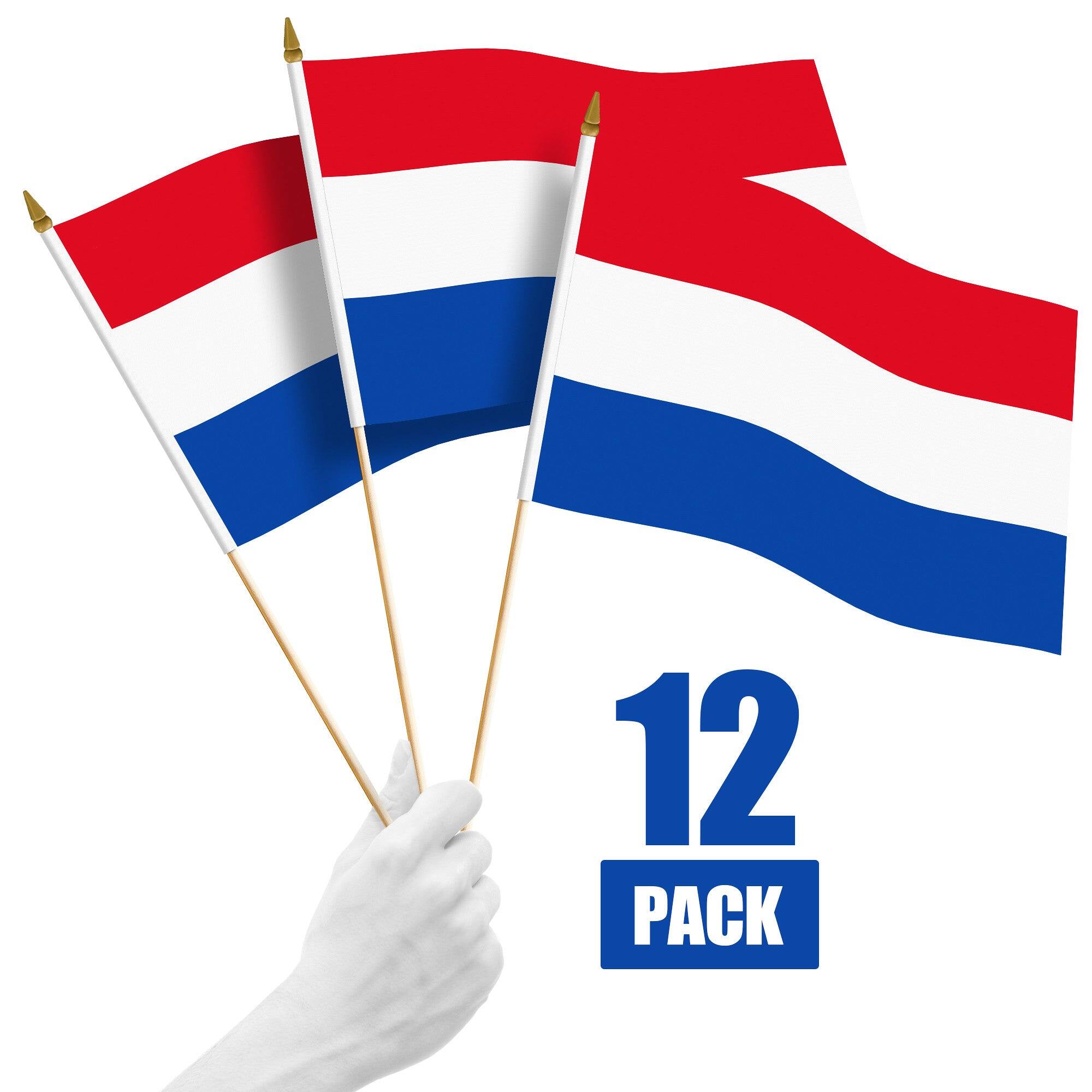 Front. G128 - 12-Pack Handheld Netherlands Flags 12 x 18 in, 150D Polyester with Wooden Stick and Gold Spear. - Assorted Colors.