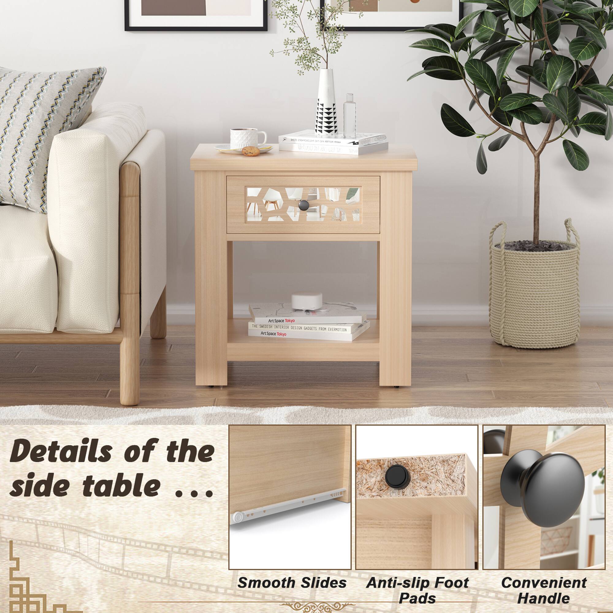 Details of the side table:
- Smooth Slides
- Anti-slip Foot Pads
- Convenient Handle