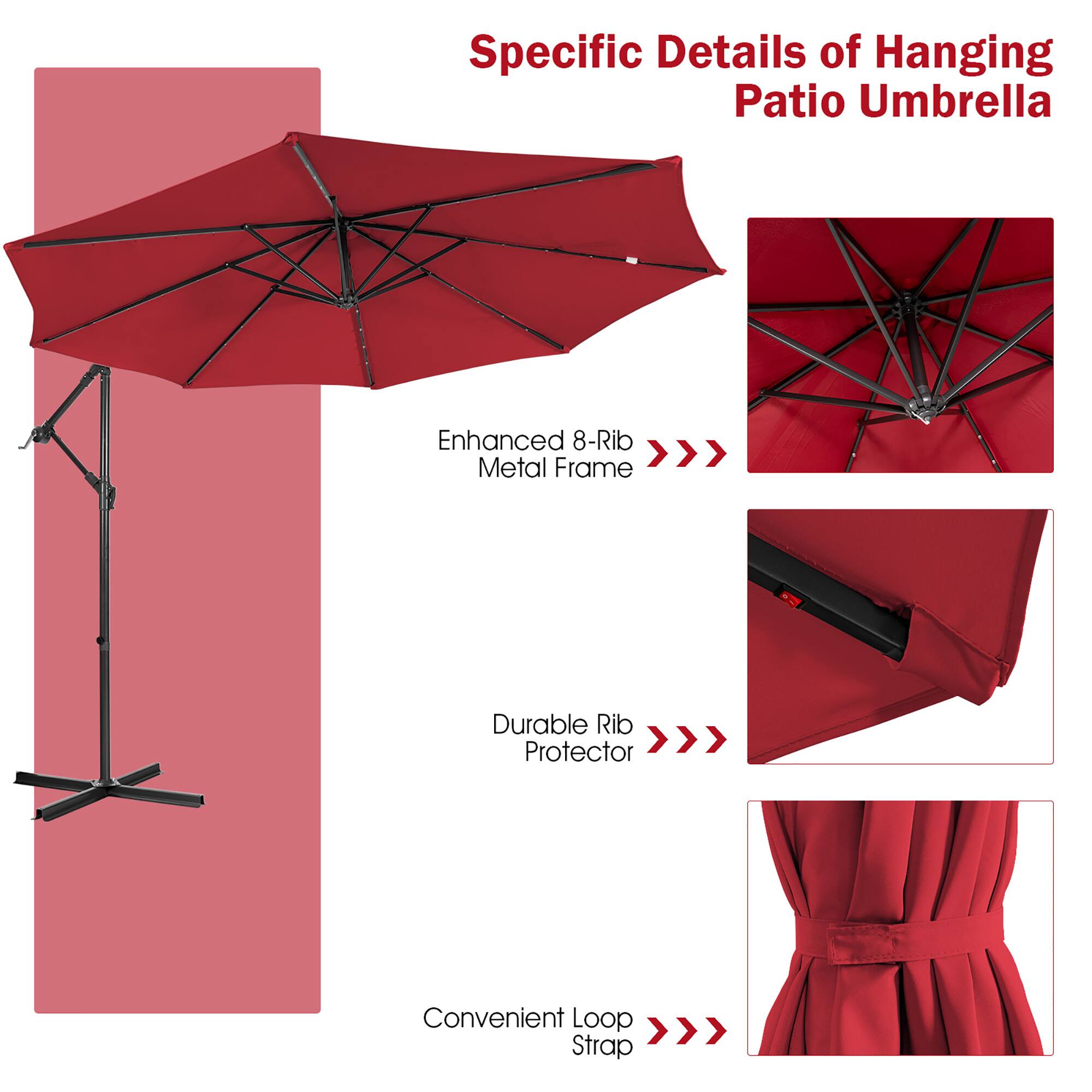Specific Details of Hanging Patio Umbrella Enhanced 8-Rib Metal Frame Durable Rib Protector Convenient Loop Strap