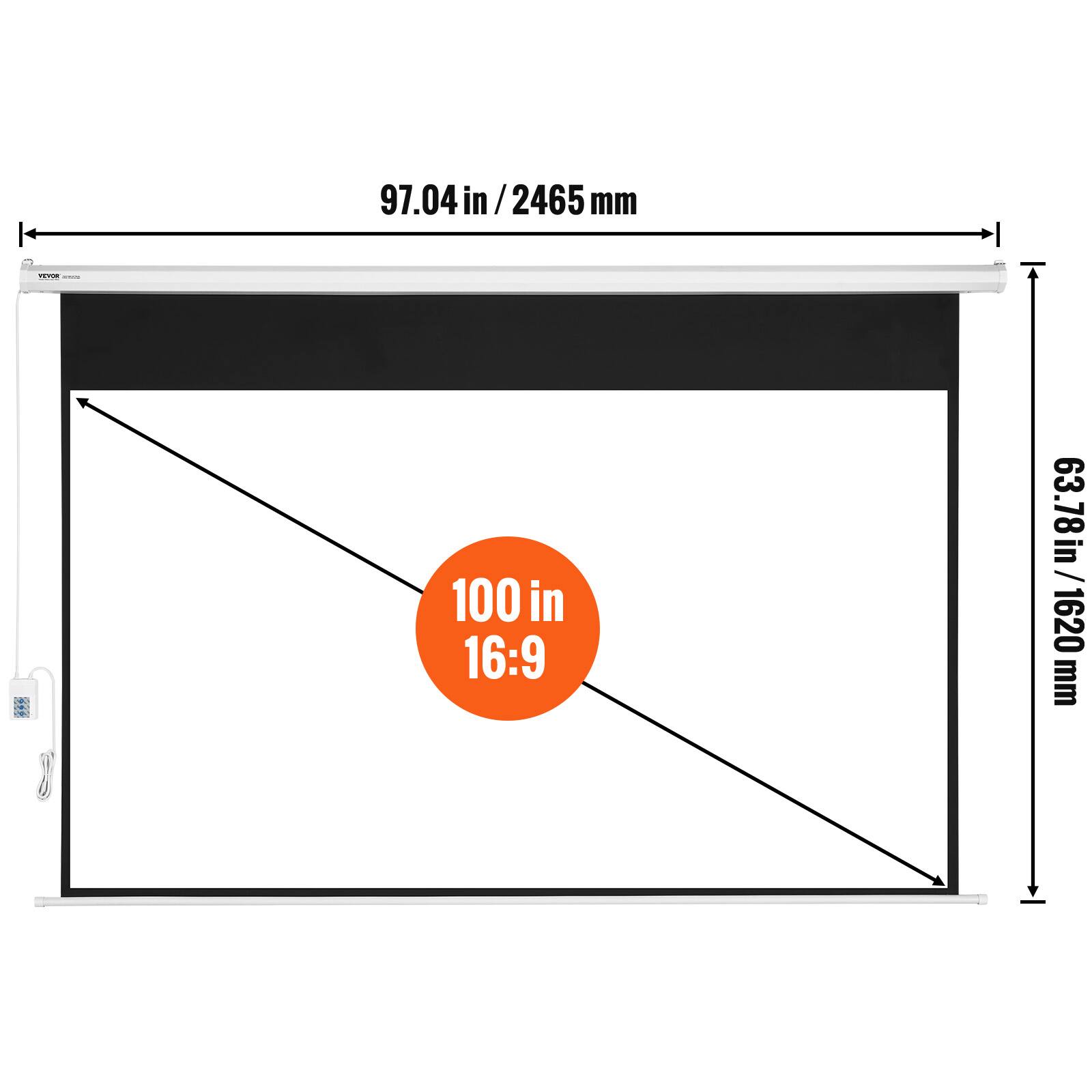 The corrected text is:

- 97.04 in / 2465 mm
- 100 in 16:9
- 1620 mm / 63.78 in