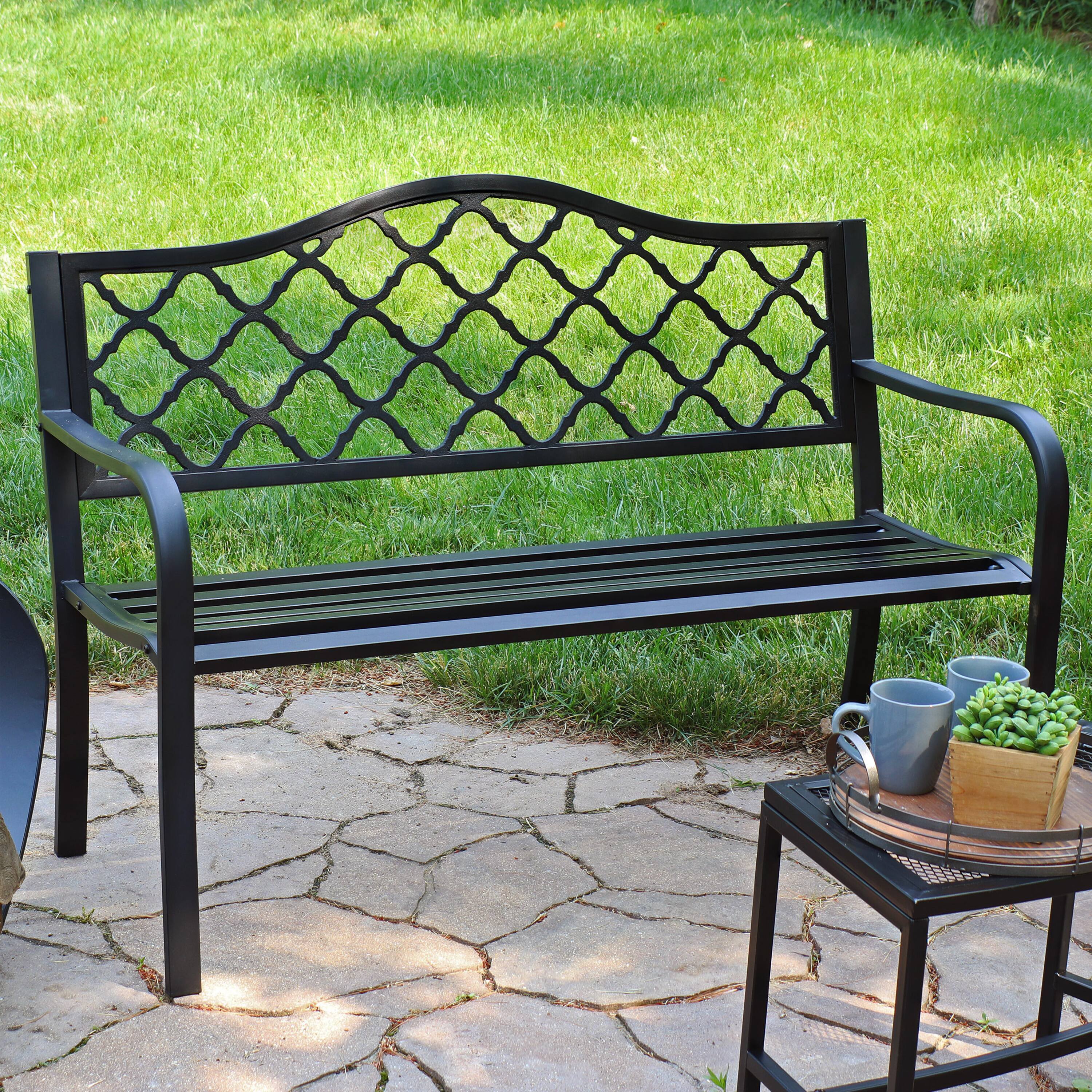 Alt View 3. Sunnydaze - 2-Person Lattice Cast Iron Outdoor Garden Bench - Black.