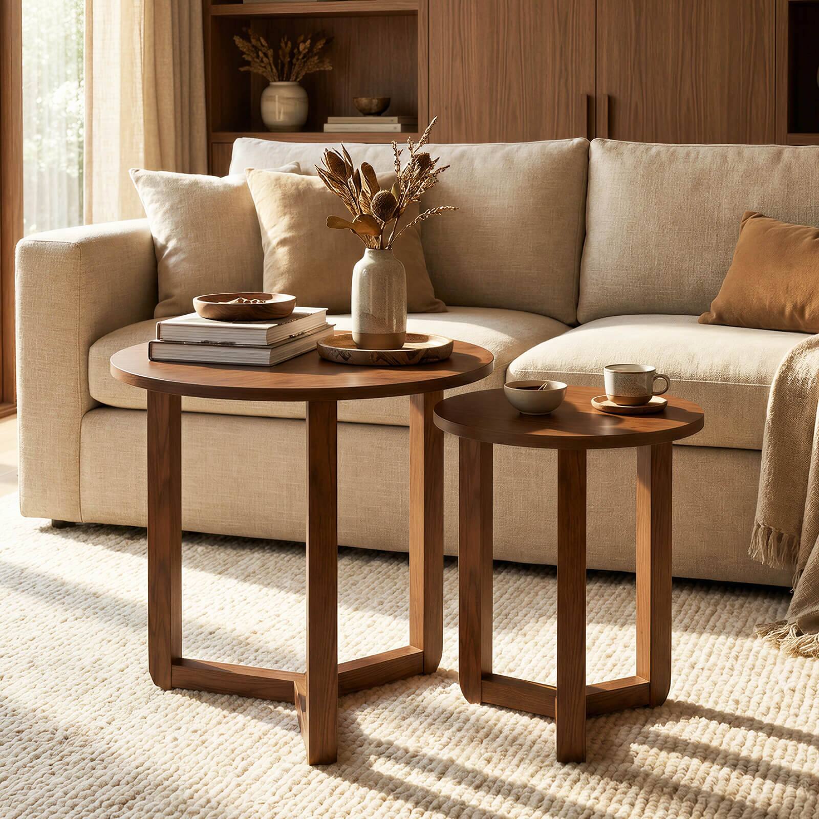 Alt View 1. Costway - Costway Round Nesting Coffee Table Set of 2 with Thickened Top & Solid Rubber Wood Legs - Walnut.