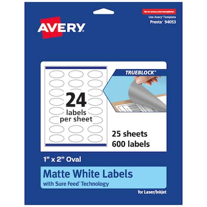 Go to avery.com/templates
AVERY
Use Avery™ Template Presta™ 94053
TRUEBLOCK®
24 labels per sheet
25 sheets
600 labels
1" x 2" Oval
Matte White Labels with Sure Feed® Technology
for Laser/Inkjet