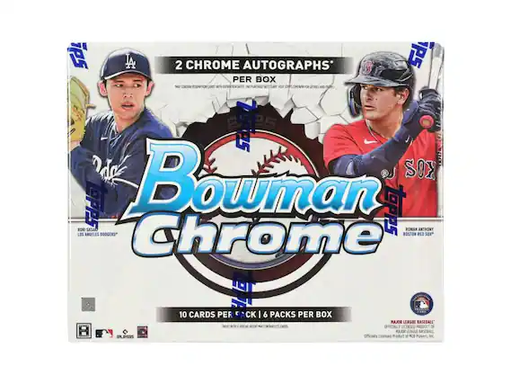 Bowman Chrome
2 Chrome Autographs per Box
10 Cards per Pack | 6 Packs per Box
Officially Licensed Product of Major League Baseball Players Inc.
Roki Sasaki - Los Angeles Dodgers
Roman Anthony - Boston Red Sox