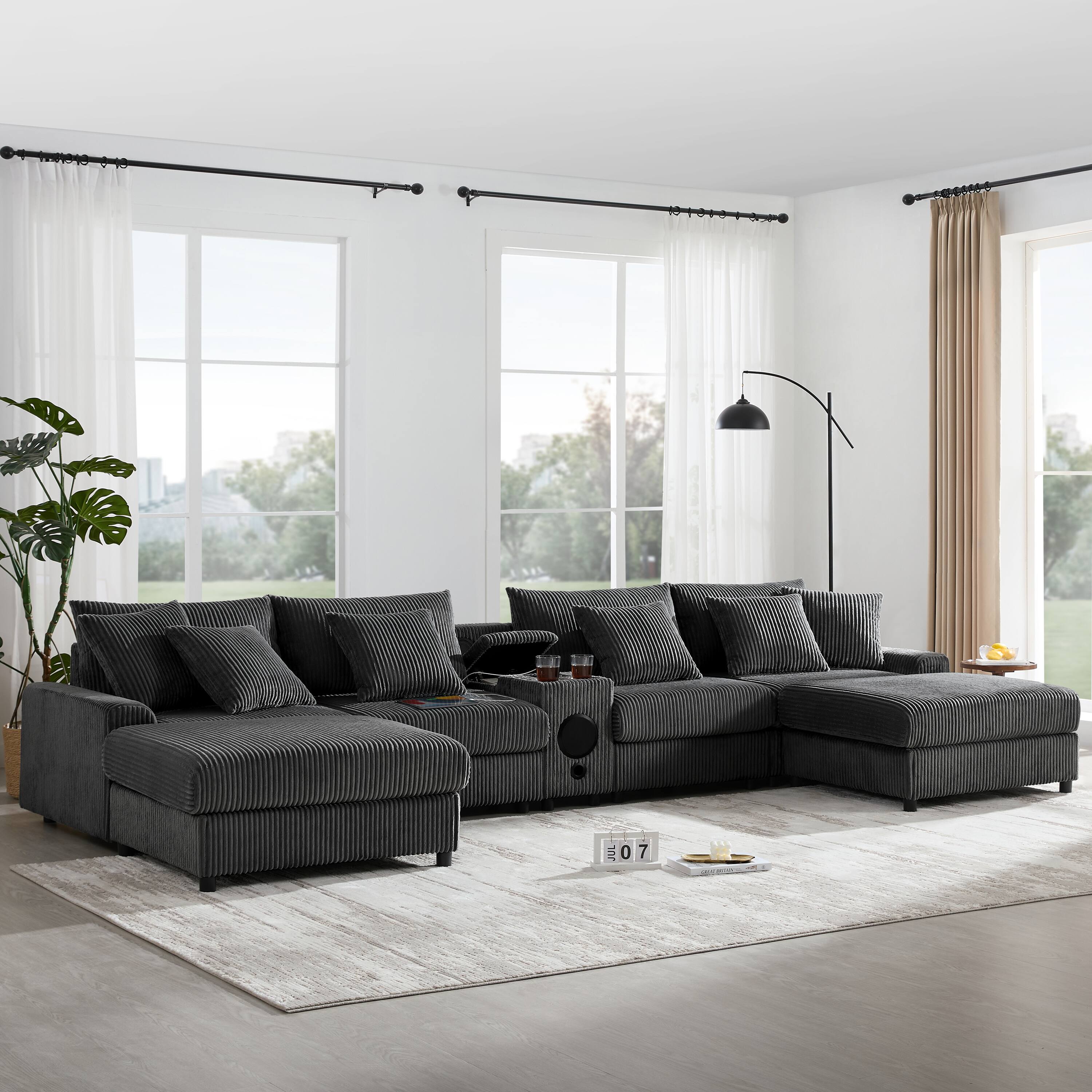 Front. Tiramisubest - 141.5-Inch U-Shaped Sectional Sofa with Built-in Bluetooth Speakers, Charging Console, Storage Ottoman & Corduroy Fabric - Dark Gray.