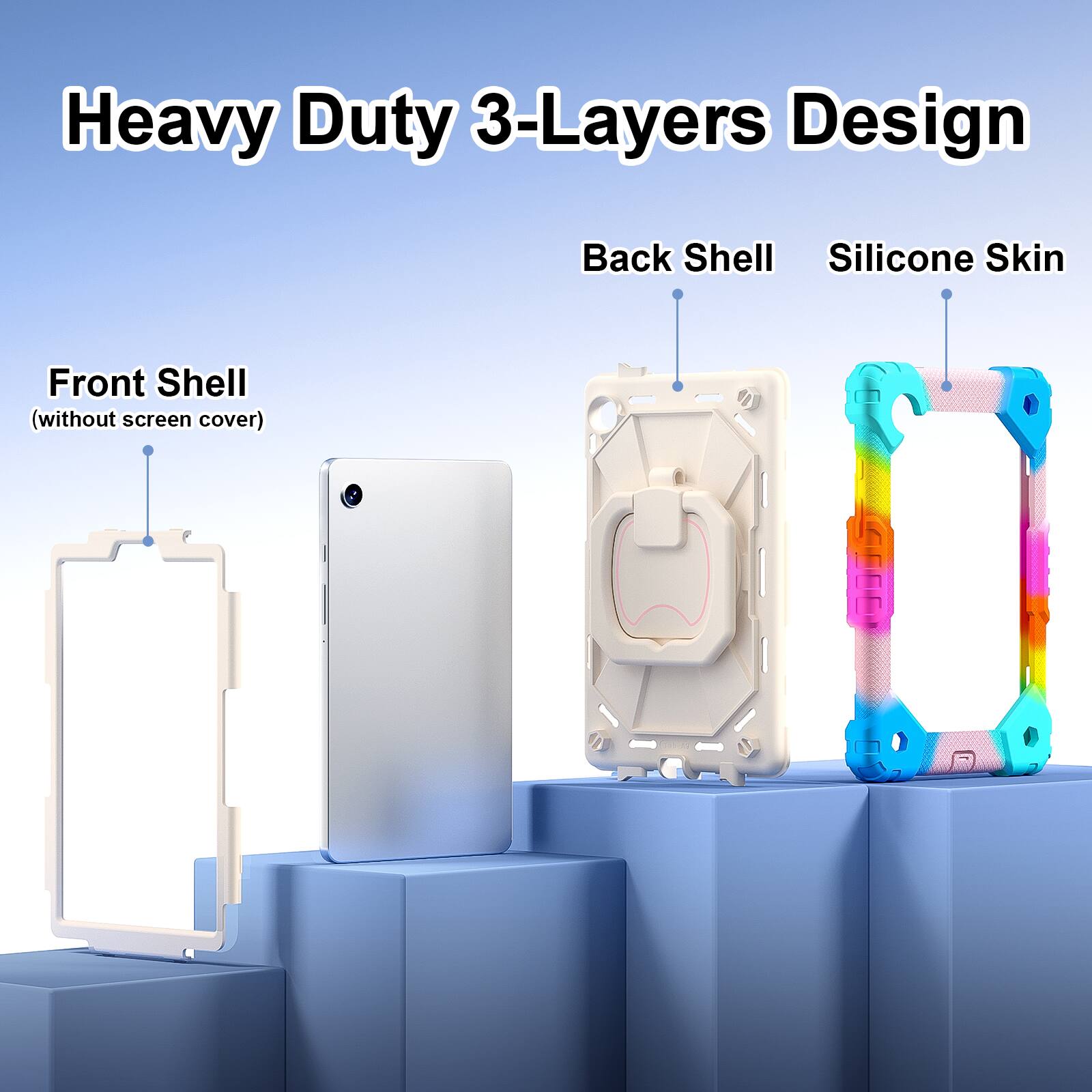 Heavy Duty 3-Layers Design  
Back Shell  
Silicone Skin  
Front Shell (without screen cover)