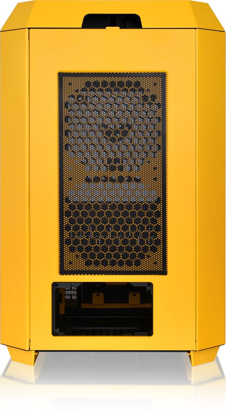 A yellow computer tower is shown with a black and yellow front. The computer is made by AOC.