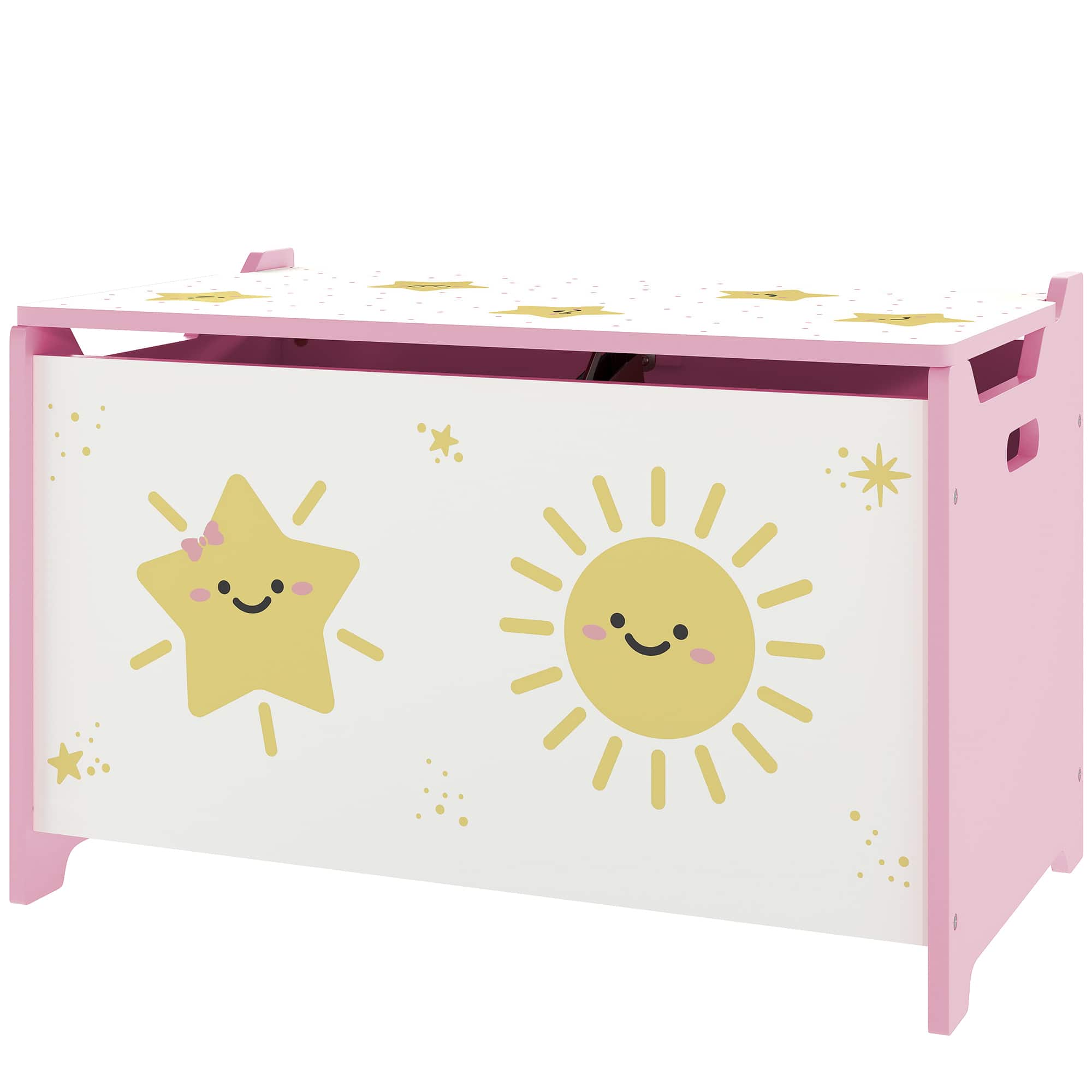 Qaba - Box with Lid, Safety Hinges and Groove Handles, Toy Storage Organizer for Kids, Living Room - Pink