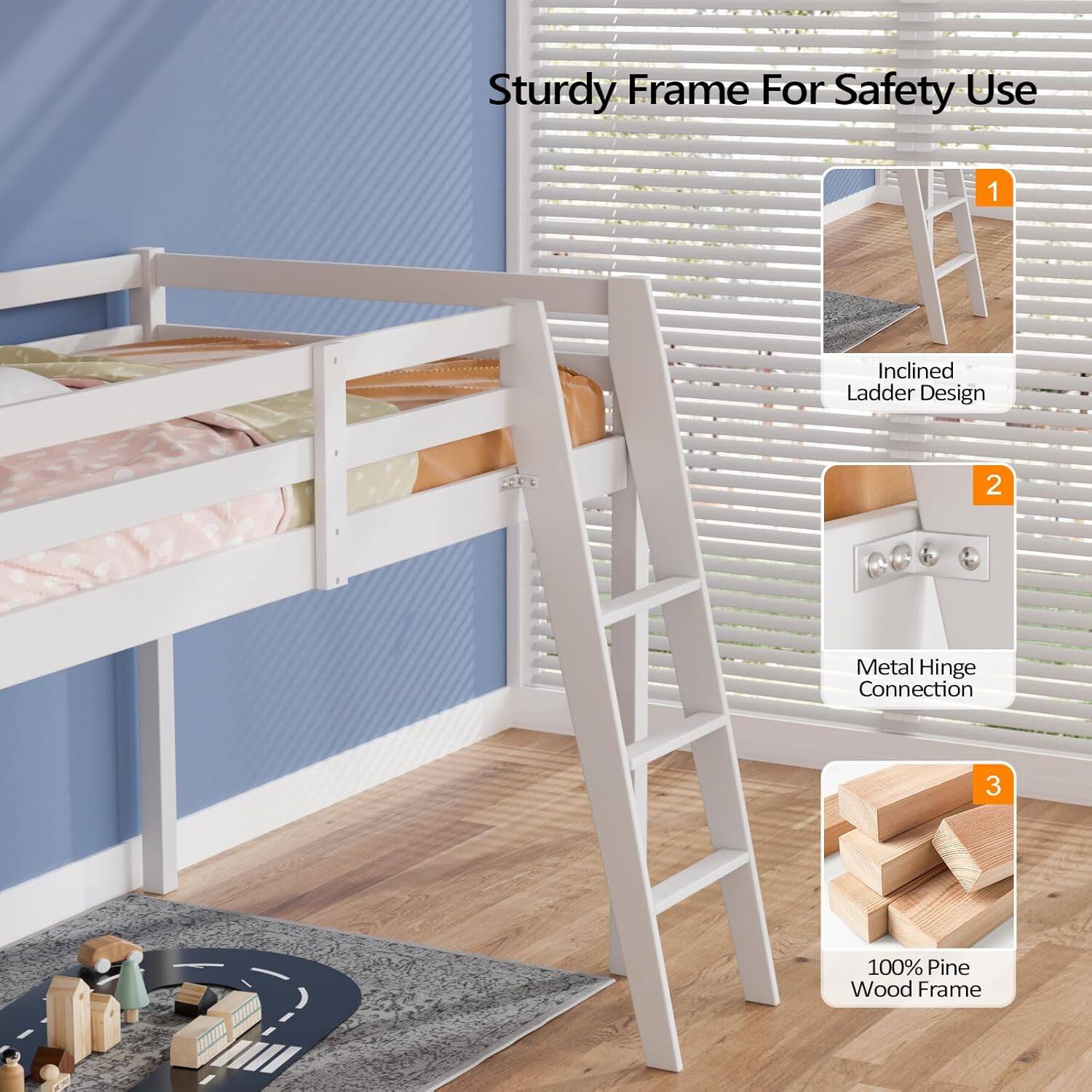 Sturdy Frame For Safety Use

1. Inclined Ladder Design
2. Metal Hinge Connection
3. 100% Pine Wood Frame