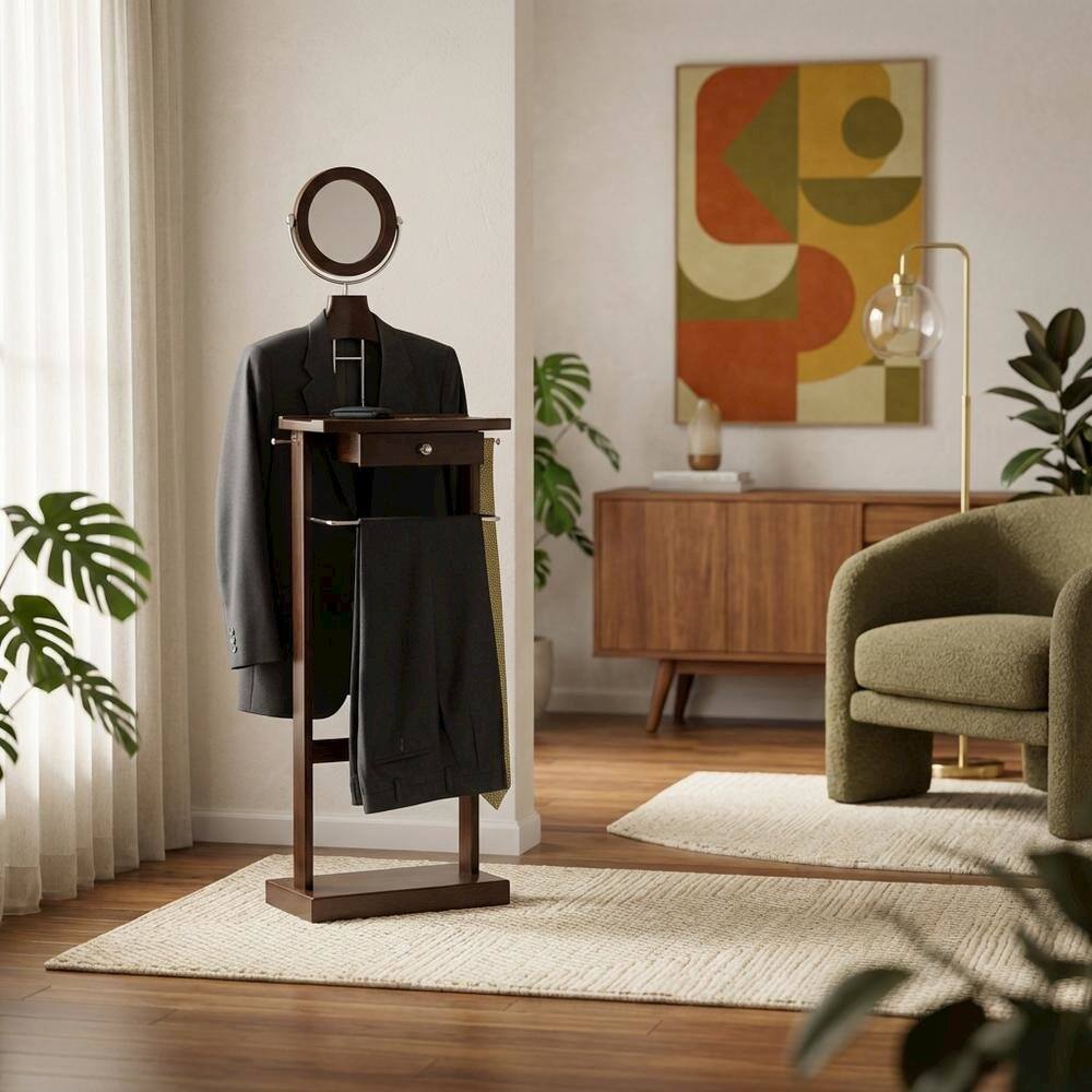 Alt View 4. FurniFact - Dark Espresso Solid Wood Clothes Valet Stand with Mirror - Espresso.
